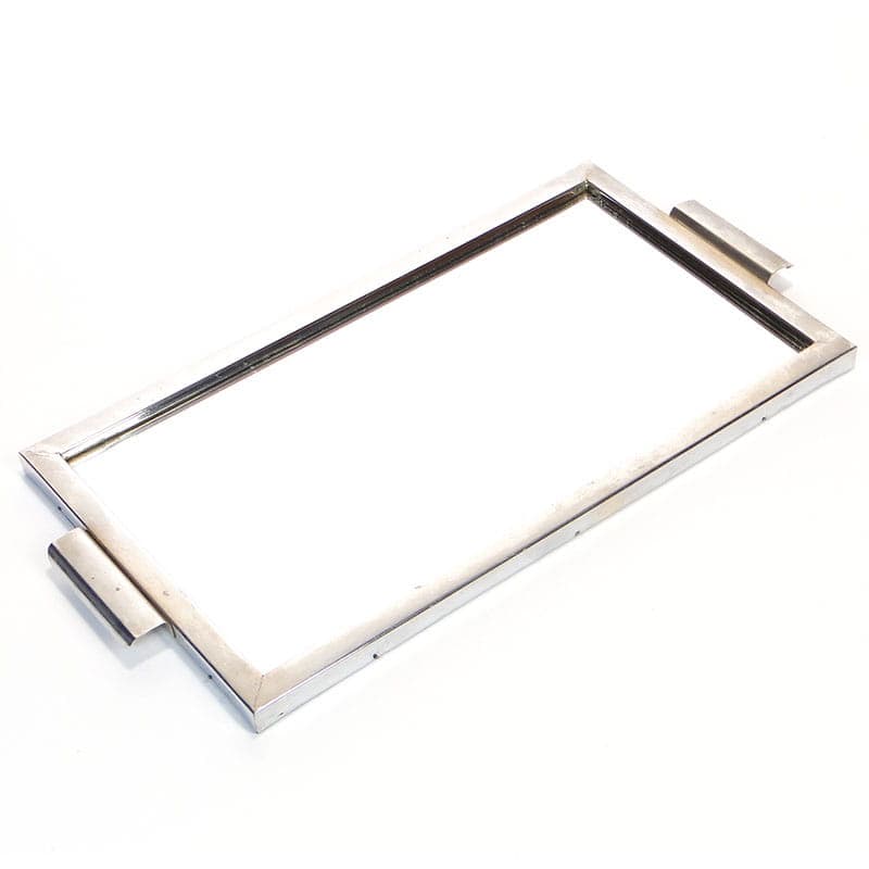 Geometric Tray Art Deco, silver chromed brass, mirror, Czechoslovakia, 1950s