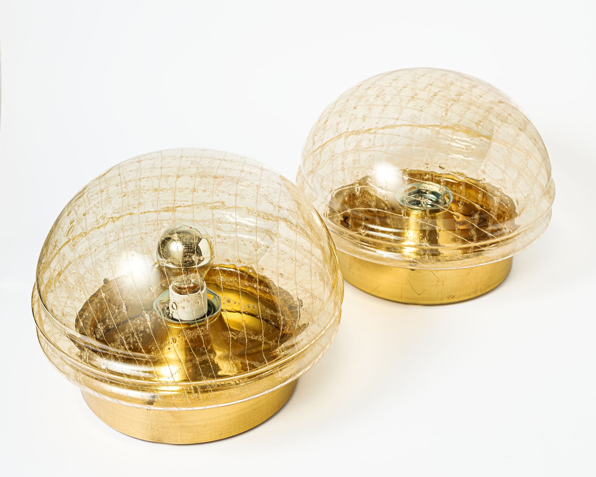 Pair of Space Age wall or ceiling lamps, gold glass, metal, Germany, 1970s. - 359869