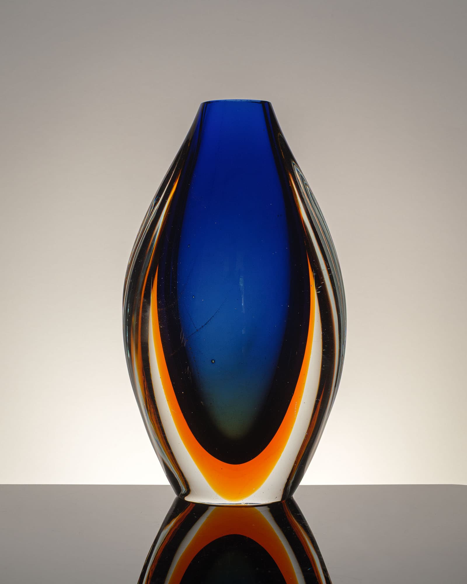 Vase Murano Sommerso, blue orange transparent glass, by F. Poli, Seguso, Italy, 1960s. - 359884