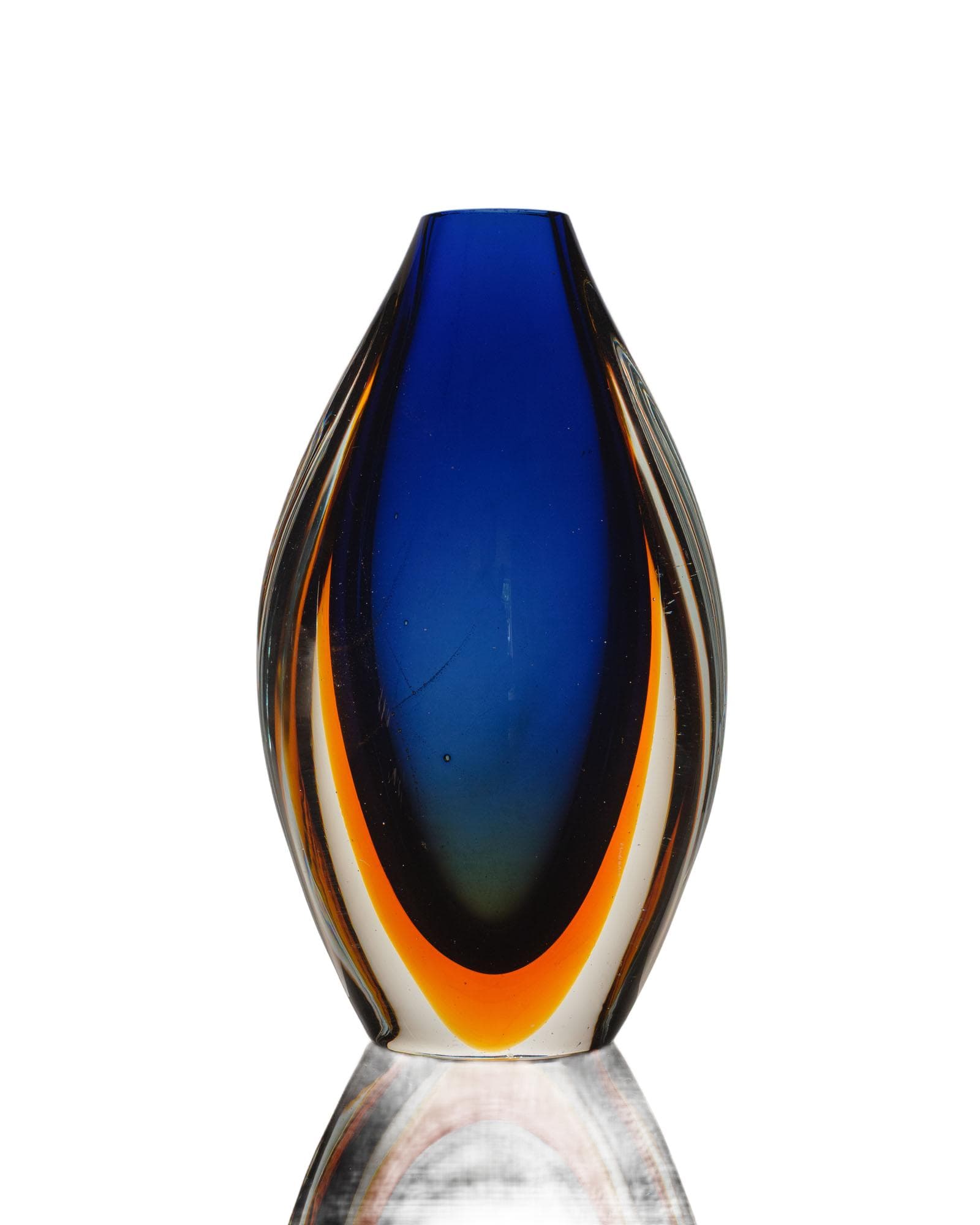 Vase Murano Sommerso, blue orange transparent glass, by F. Poli, Seguso, Italy, 1960s.