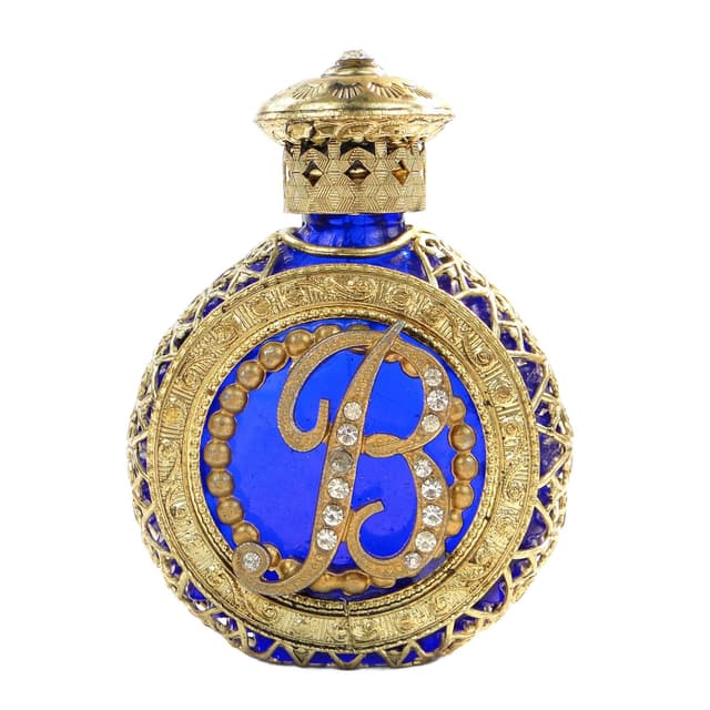 Perfume Bottle, cobalt glass, gilt metal, Czechoslovakia, 1950s. - DIMENSION