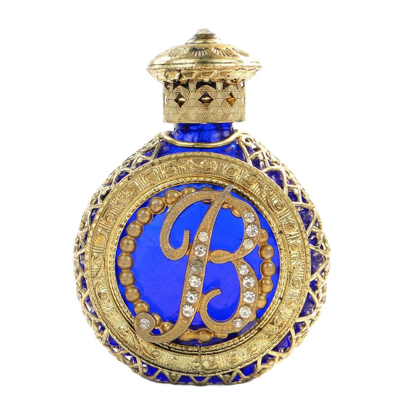 Perfume Bottle, cobalt glass, gilt metal, Czechoslovakia, 1950s.