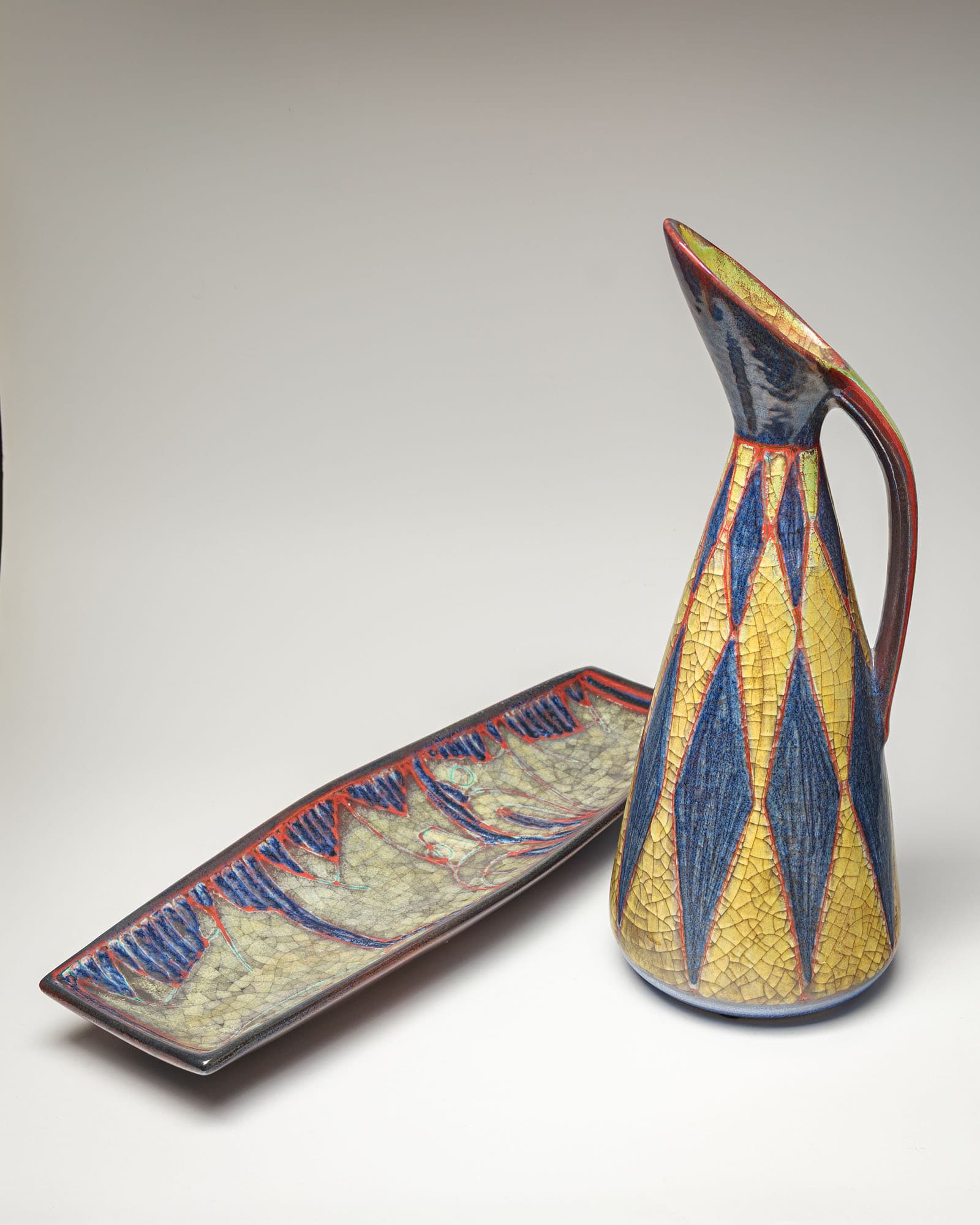 Set of pitcher and tray, yellow blue red ceramics, by M. Starck, Michael Andersen, Denmark, 1950s. - 360229