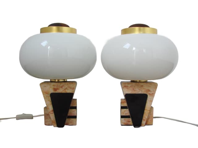 Para lamp stołowych Art Deco, szkło opalowe białe, kamień beżowy, metal czarny, mosiądz złoty, lata 50. - WYMIARY