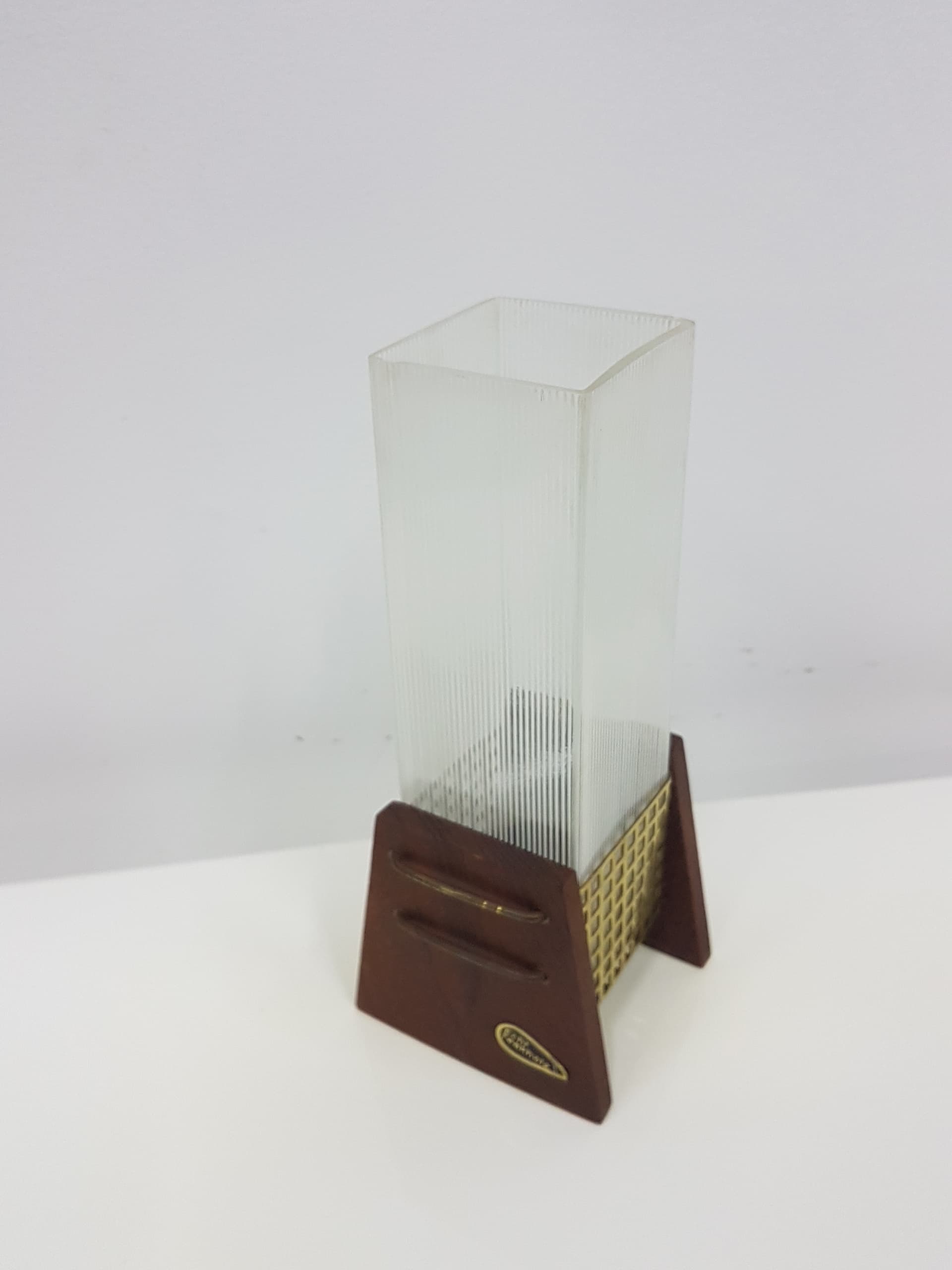 Candle Holder, brown teak, transparent glass, Denmark, 1960s. - 360409
