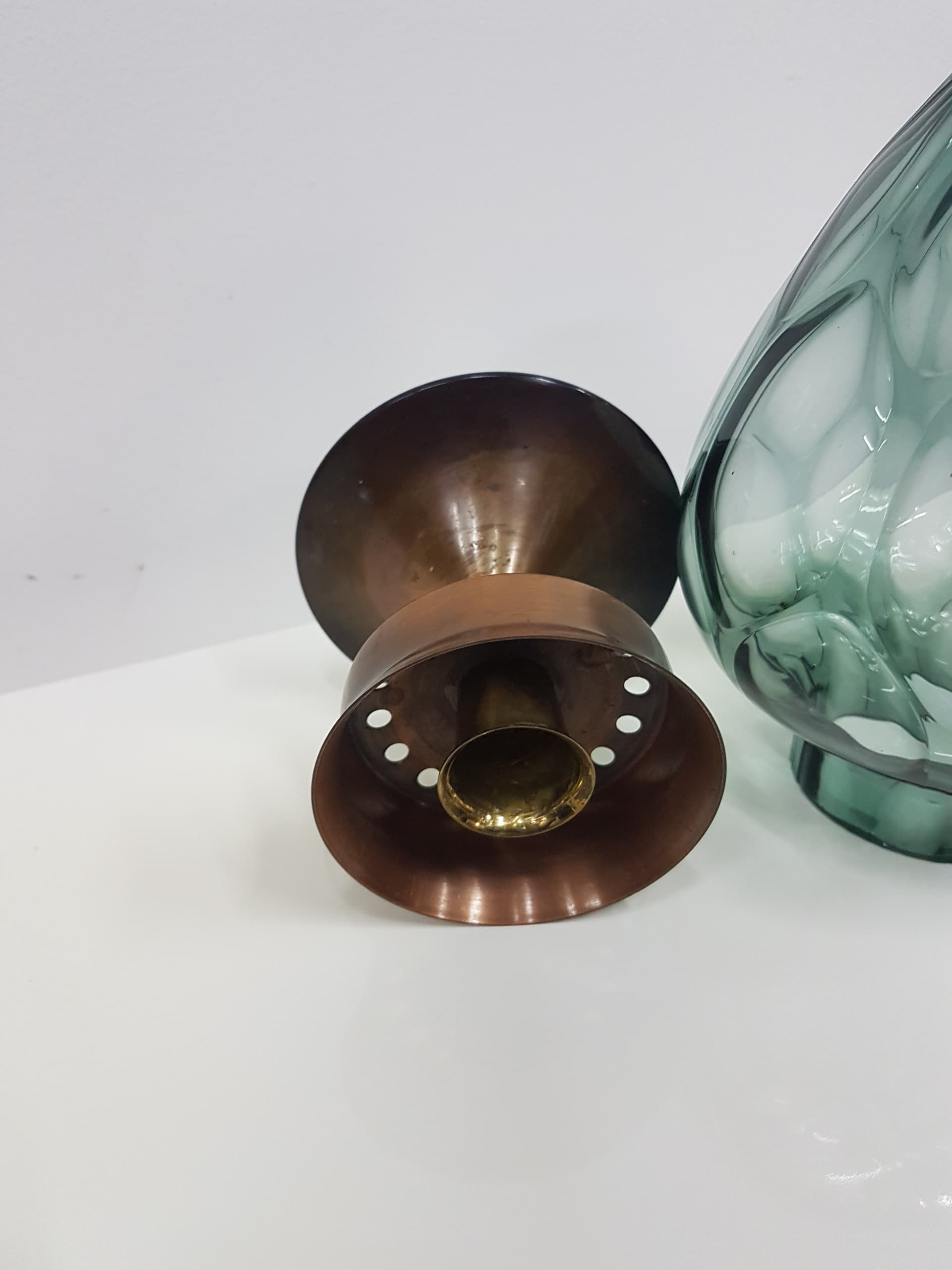 Candlestick, gold brass, transparent greenish glass, Austria, 1960s - 360411