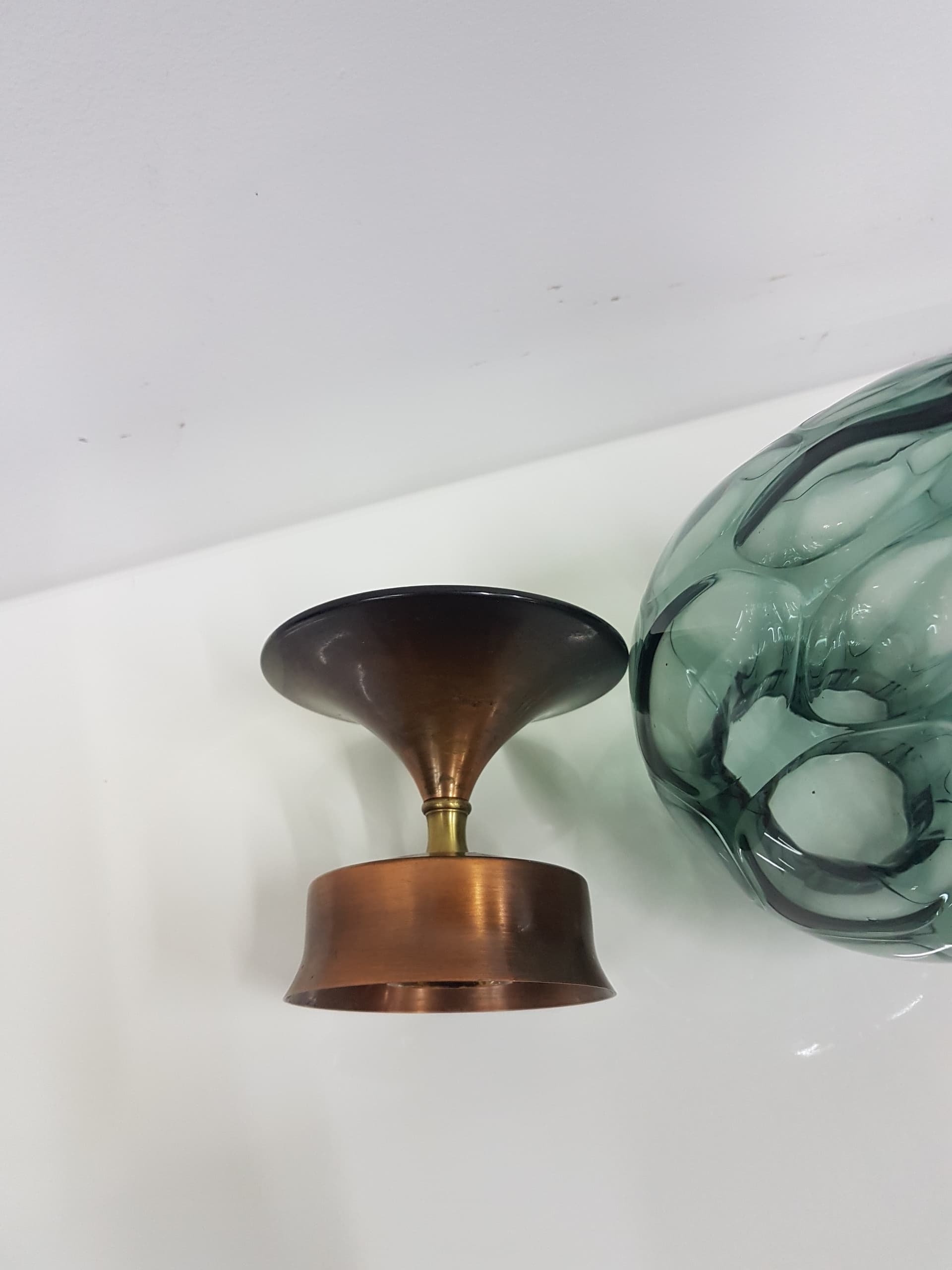 Candlestick, gold brass, transparent greenish glass, Austria, 1960s - 360415
