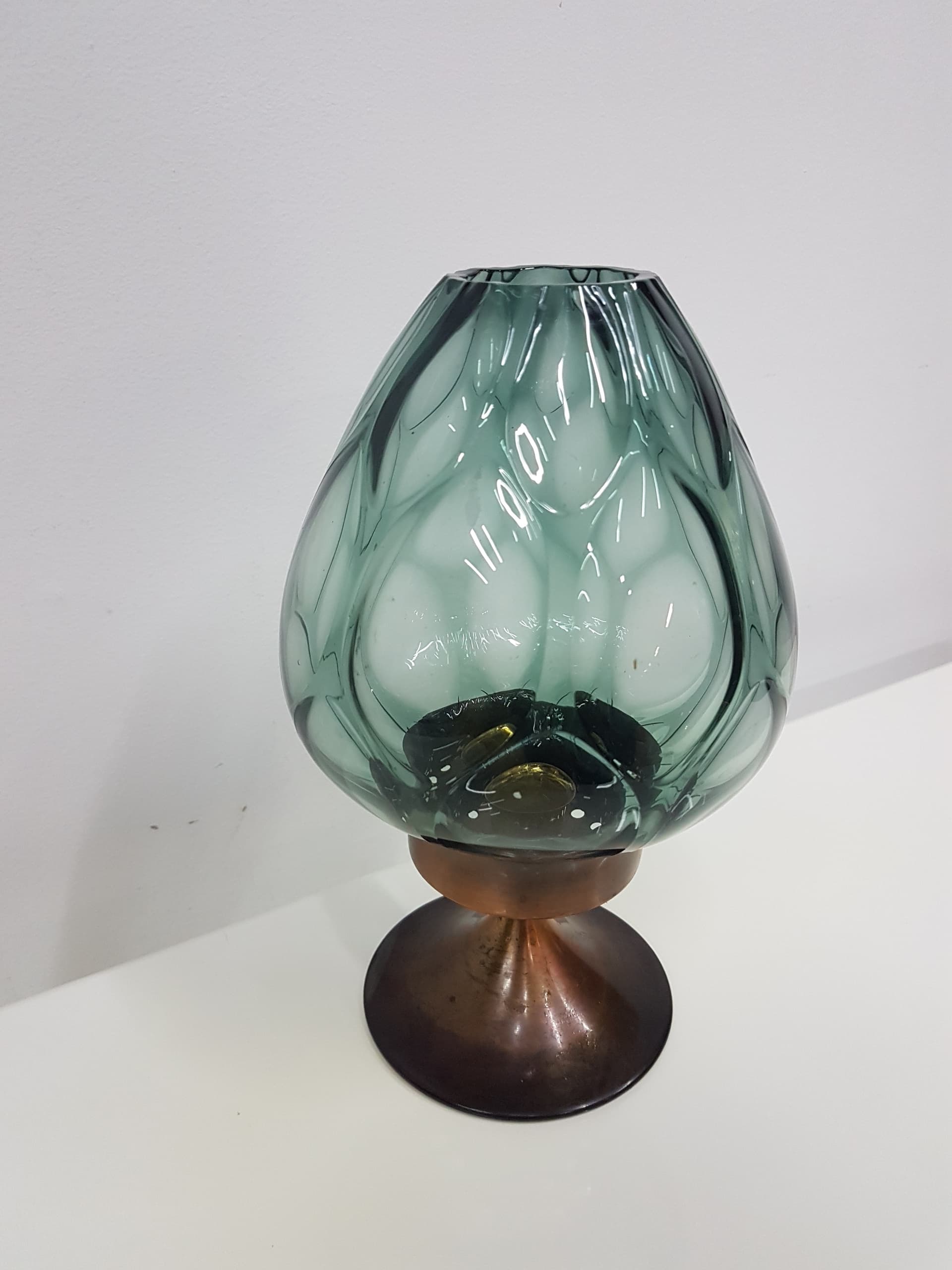 Candlestick, gold brass, transparent greenish glass, Austria, 1960s - 360414