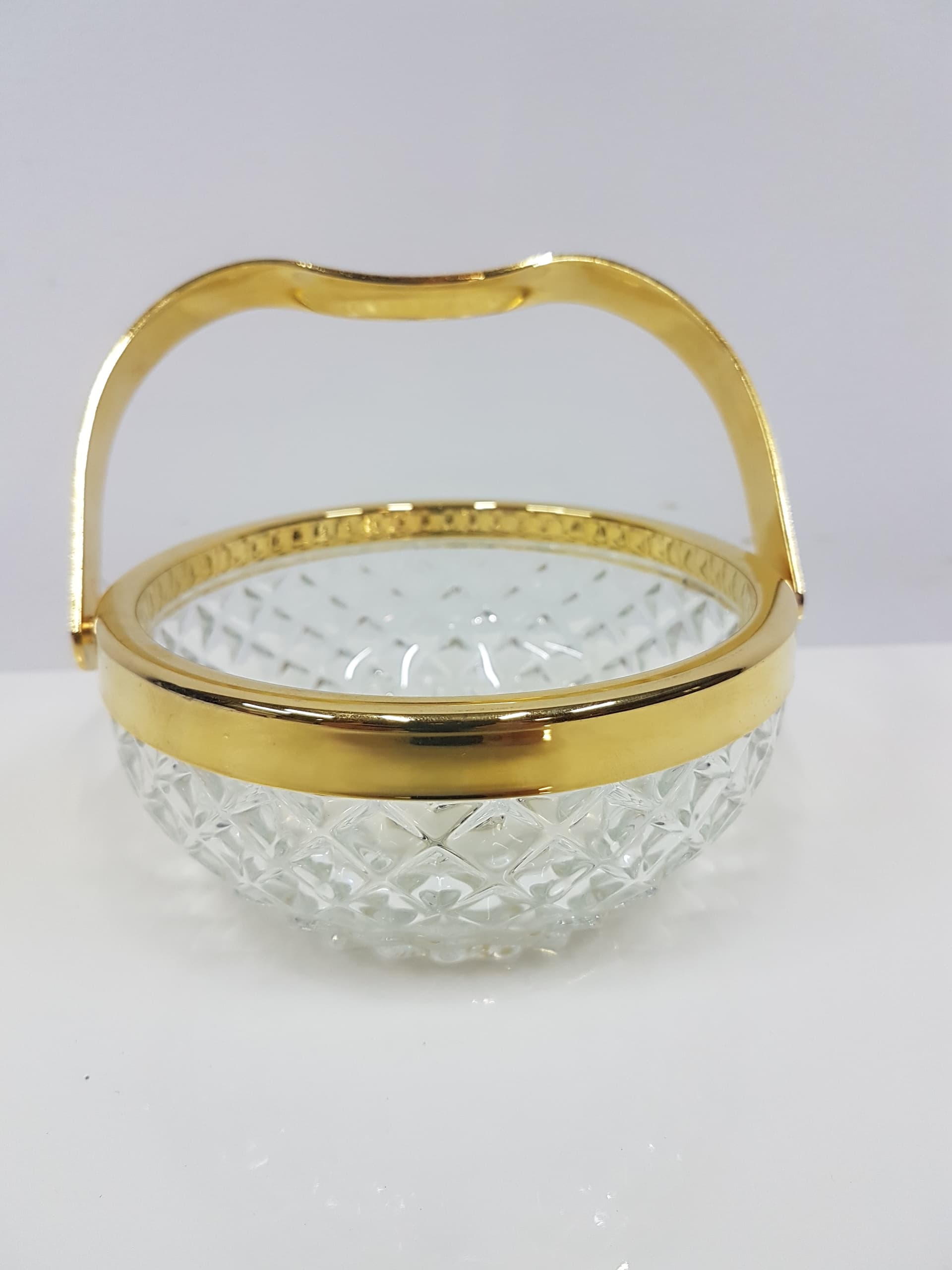 Crystal basket transparent, gold-plated metal handle, Walther Glas, Germany, 1970s - 360422