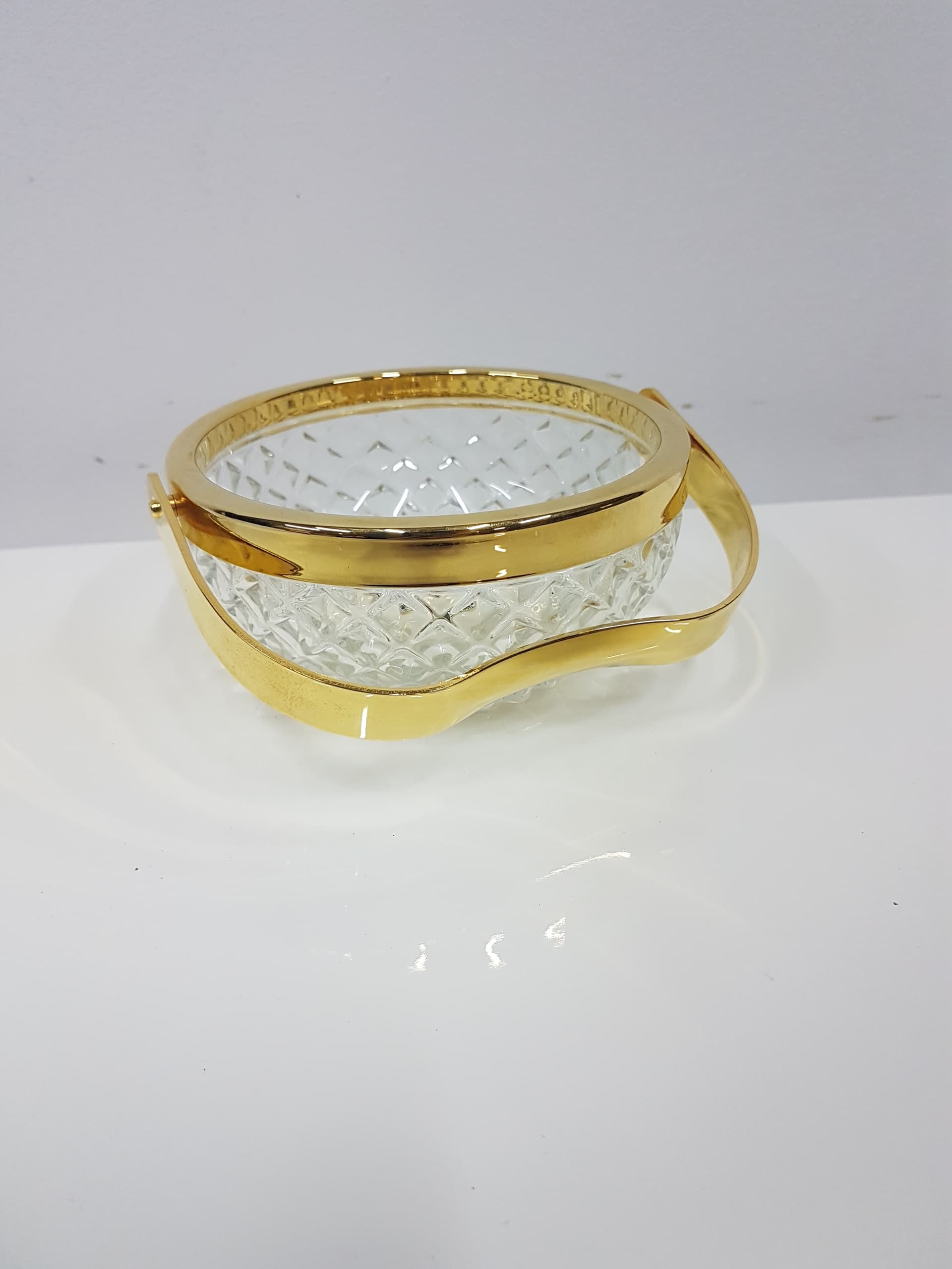 Crystal basket transparent, gold-plated metal handle, Walther Glas, Germany, 1970s - 360423