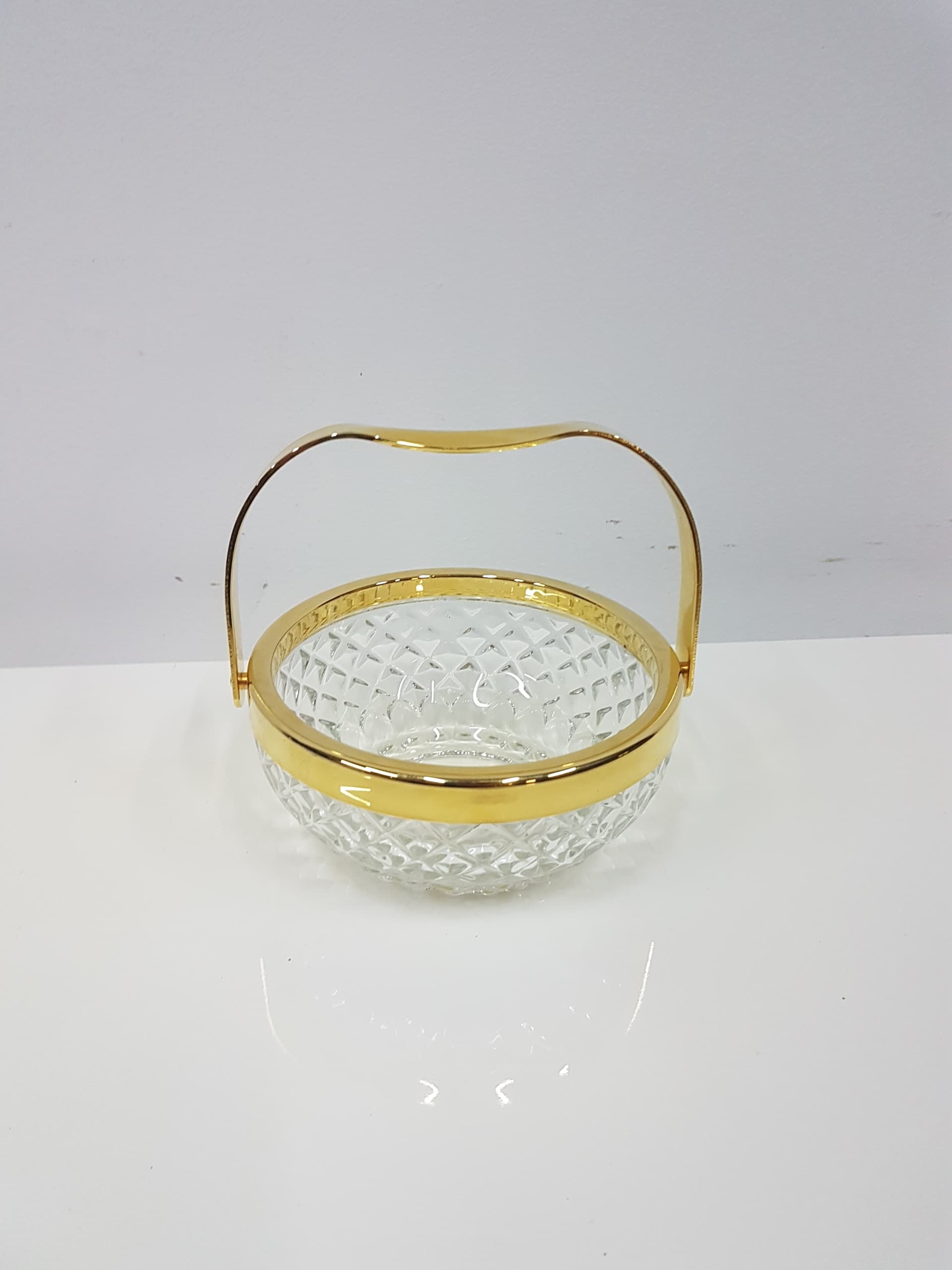 Crystal basket transparent, gold-plated metal handle, Walther Glas, Germany, 1970s - 360428