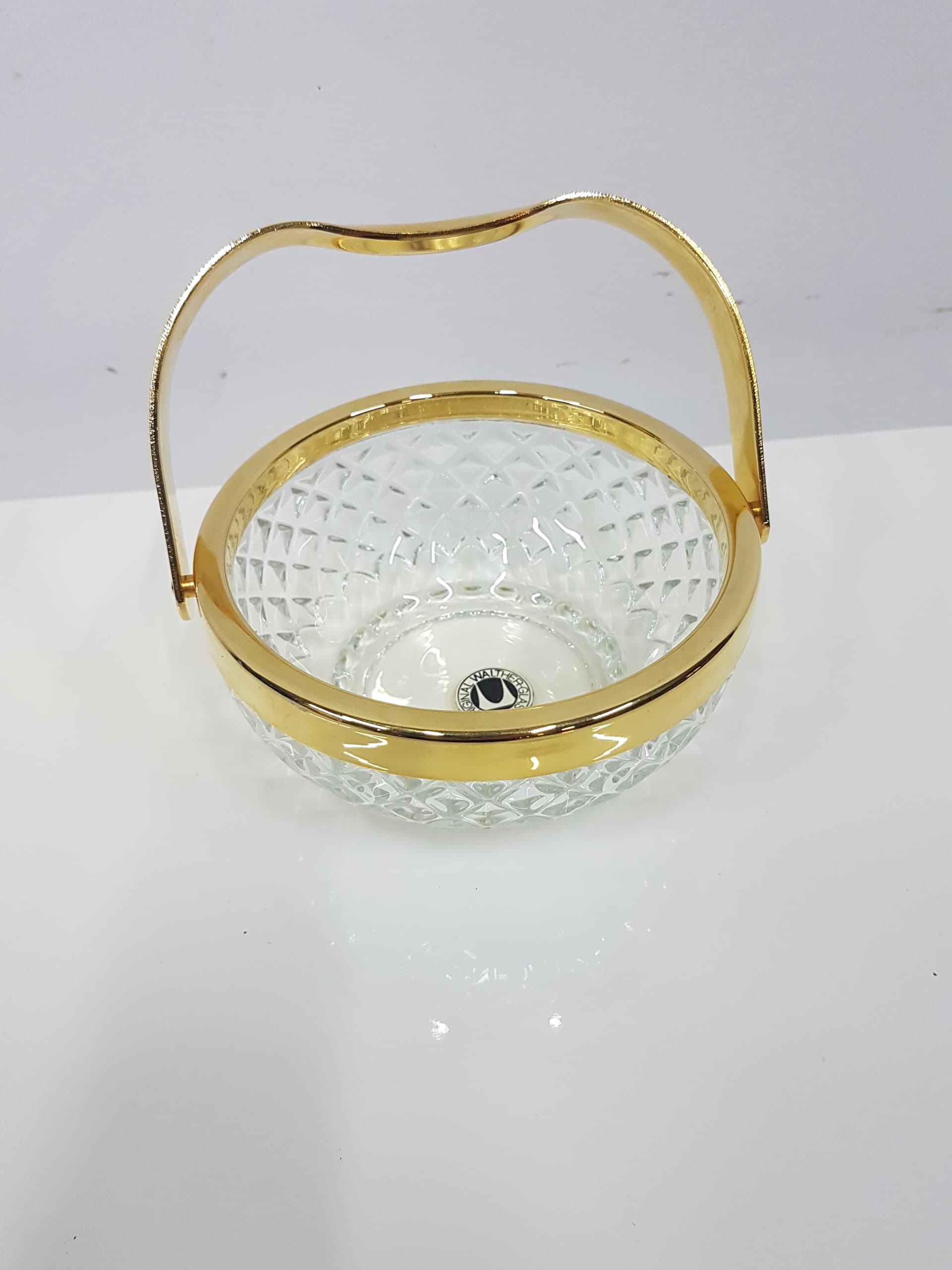 Crystal basket transparent, gold-plated metal handle, Walther Glas, Germany, 1970s - 360426