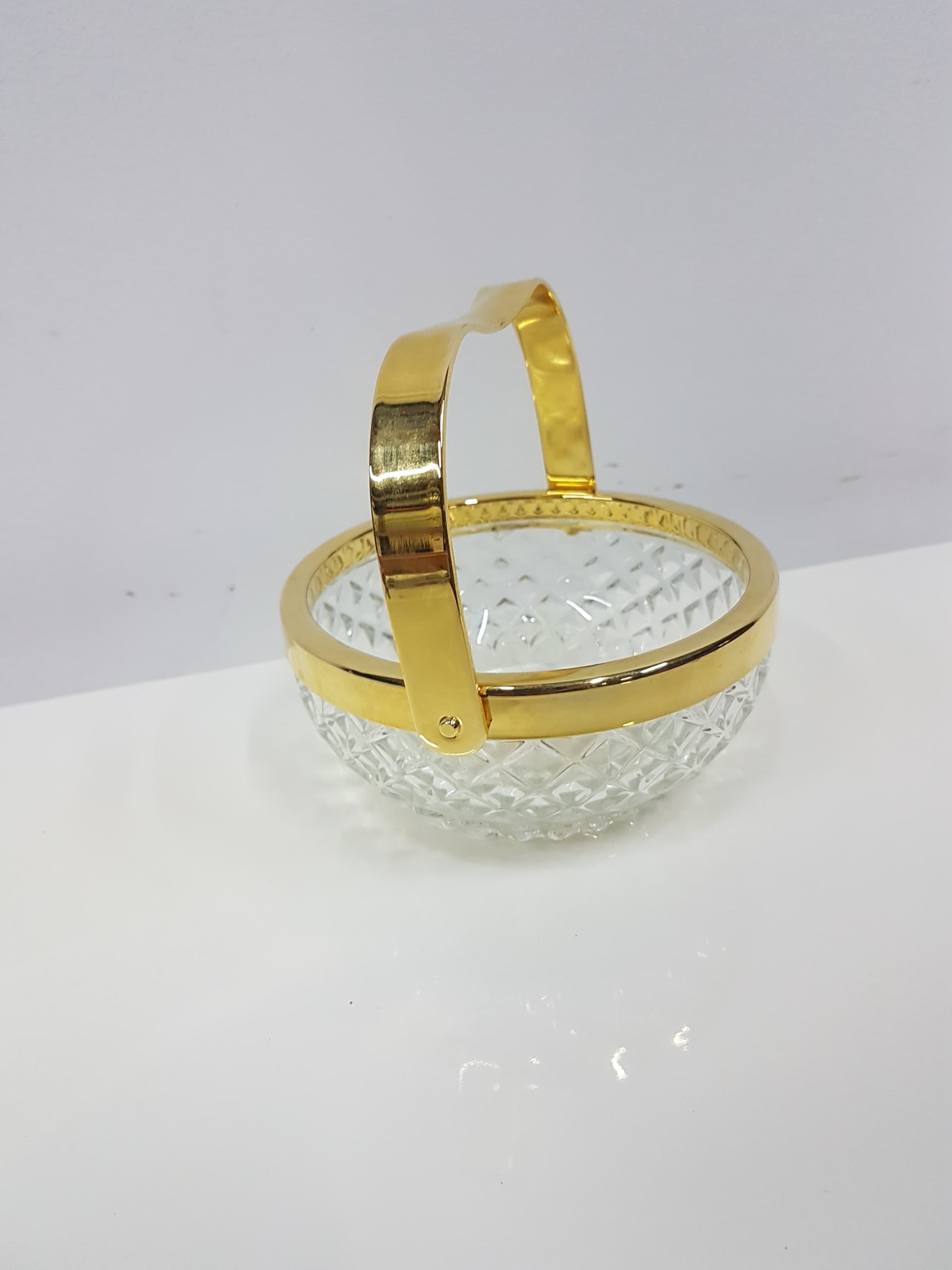 Crystal basket transparent, gold-plated metal handle, Walther Glas, Germany, 1970s - 360421