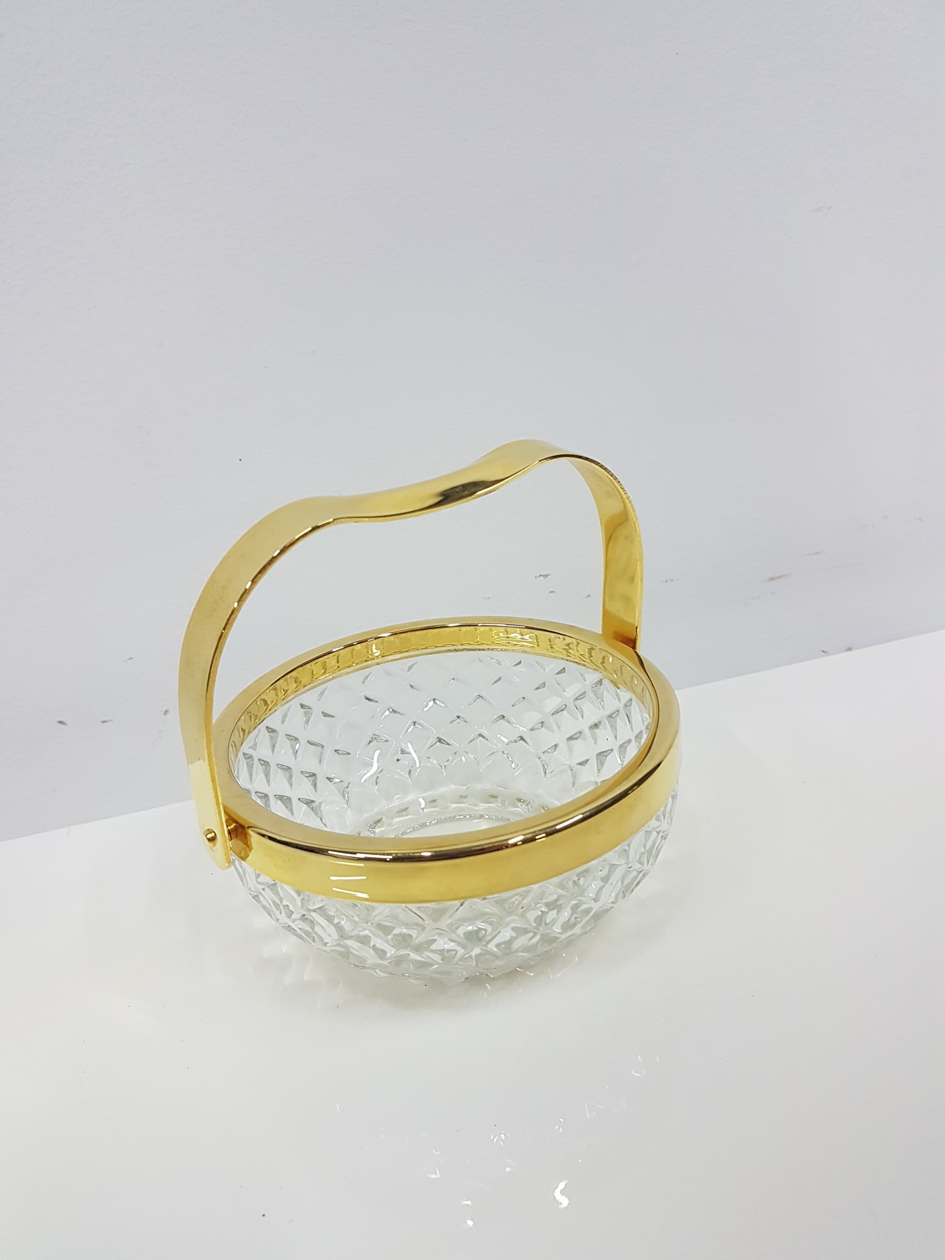 Crystal basket transparent, gold-plated metal handle, Walther Glas, Germany, 1970s - 360424