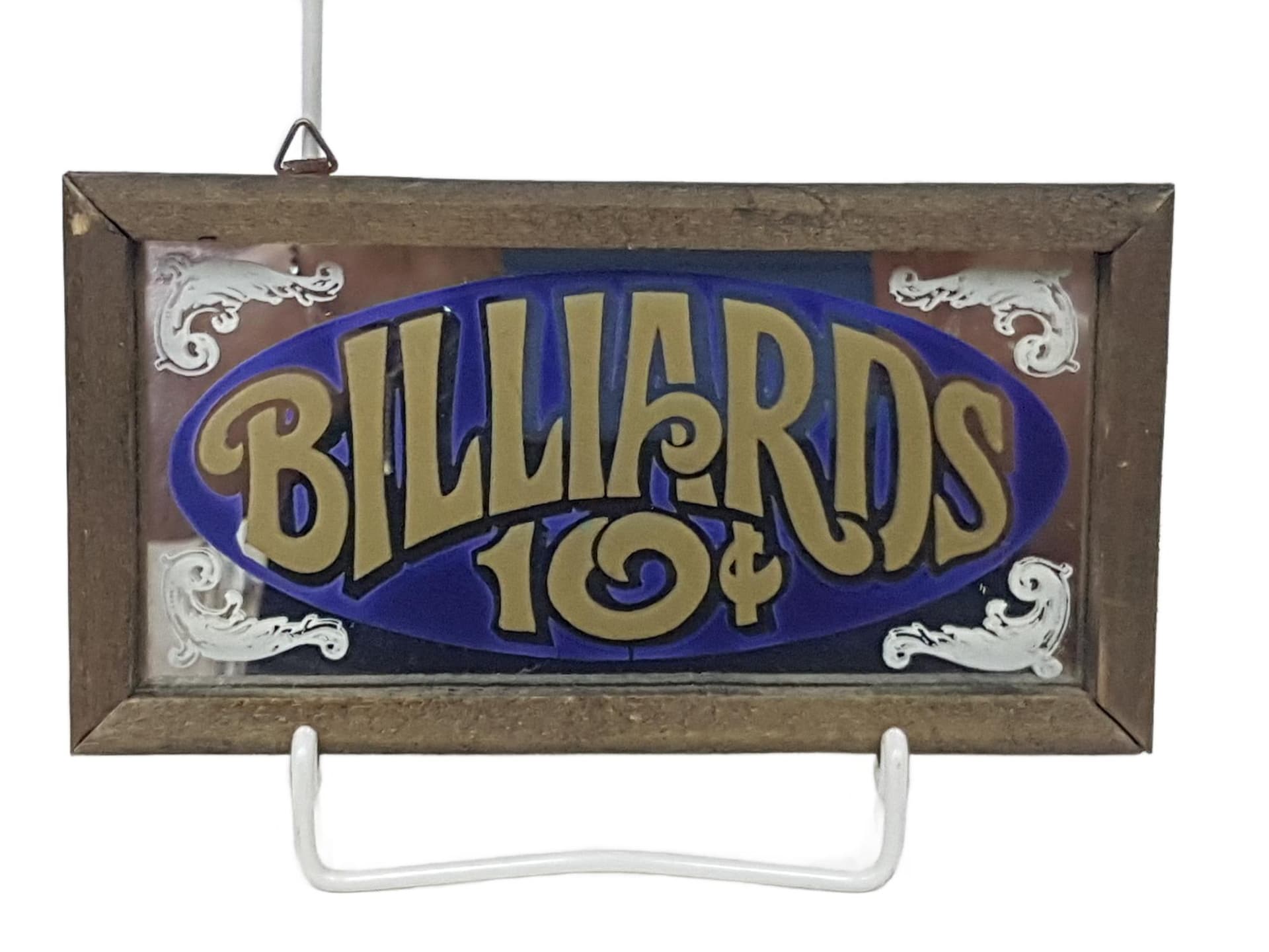 Szyld lustrzany Billiards 10¢, niebieski złoty, szkło, drewno, USA, lata 70.