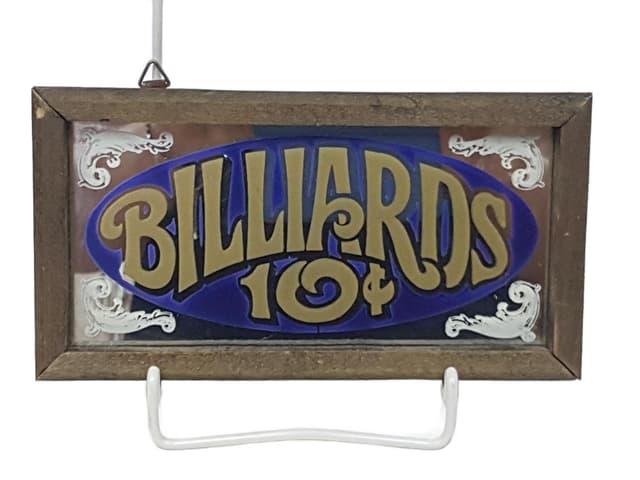 Szyld lustrzany Billiards 10¢, niebieski złoty, szkło, drewno, USA, lata 70. - WYMIARY