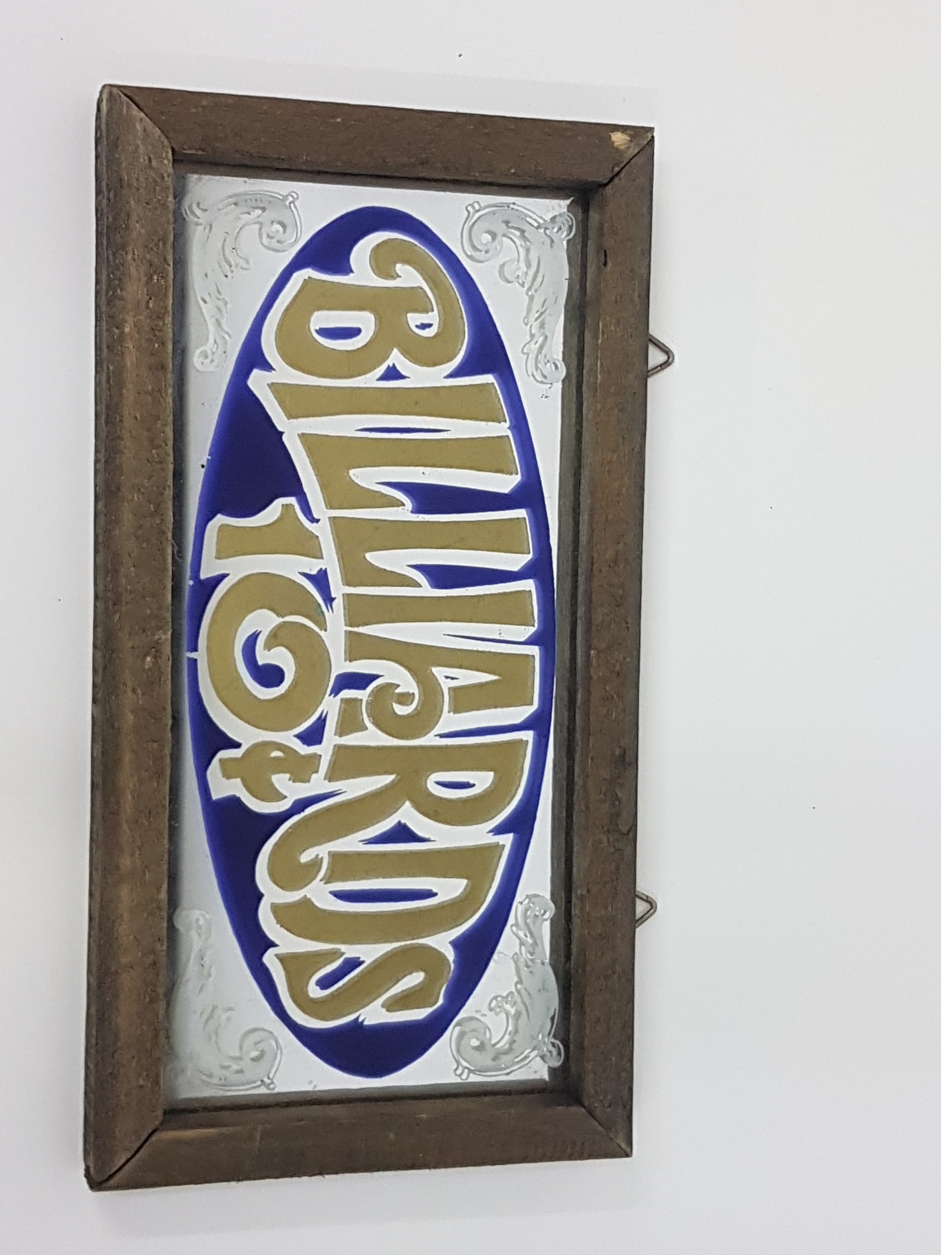Szyld lustrzany Billiards 10¢, niebieski złoty, szkło, drewno, USA, lata 70. - 360435