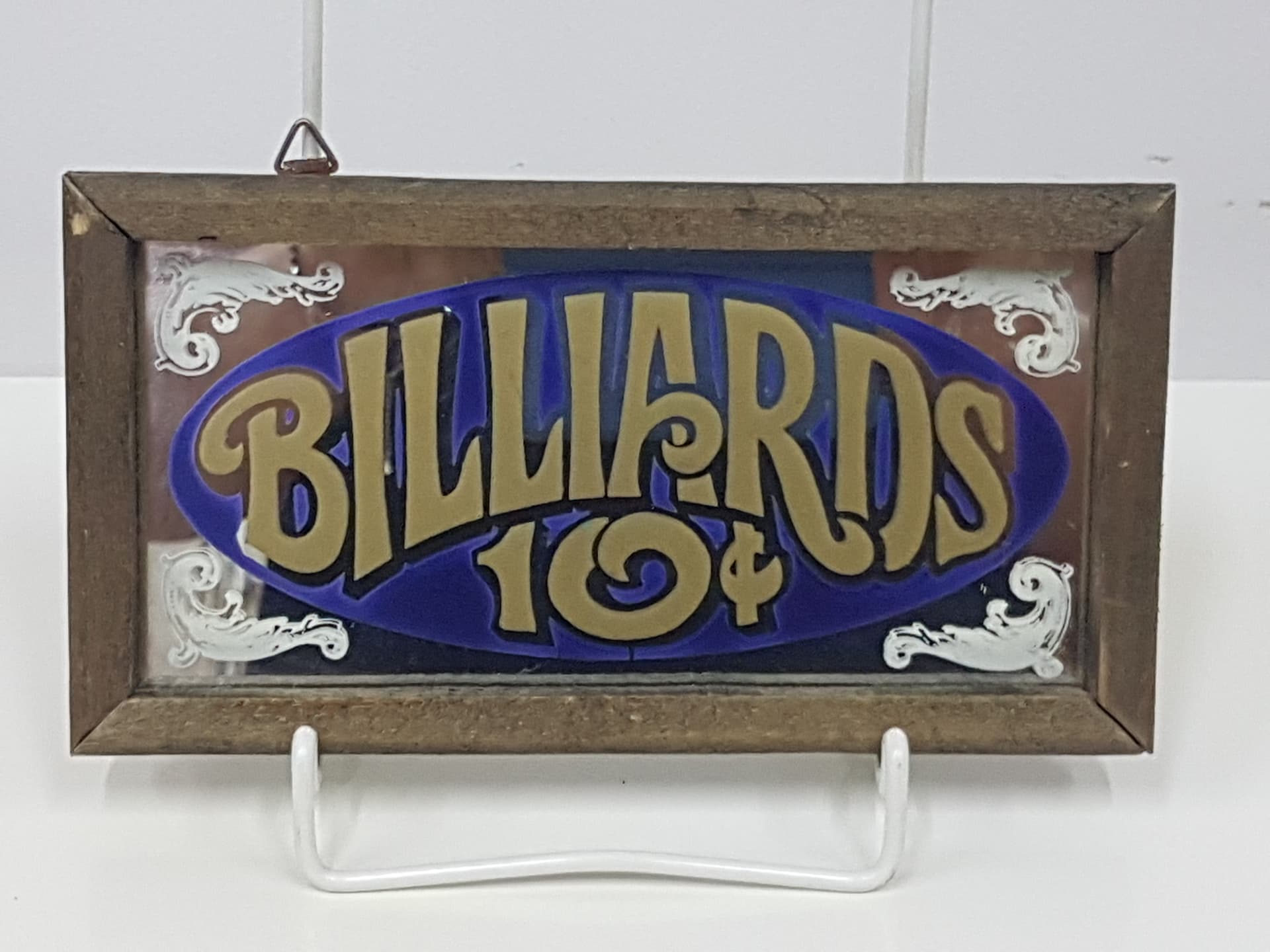 Szyld lustrzany Billiards 10¢, niebieski złoty, szkło, drewno, USA, lata 70. - 360430
