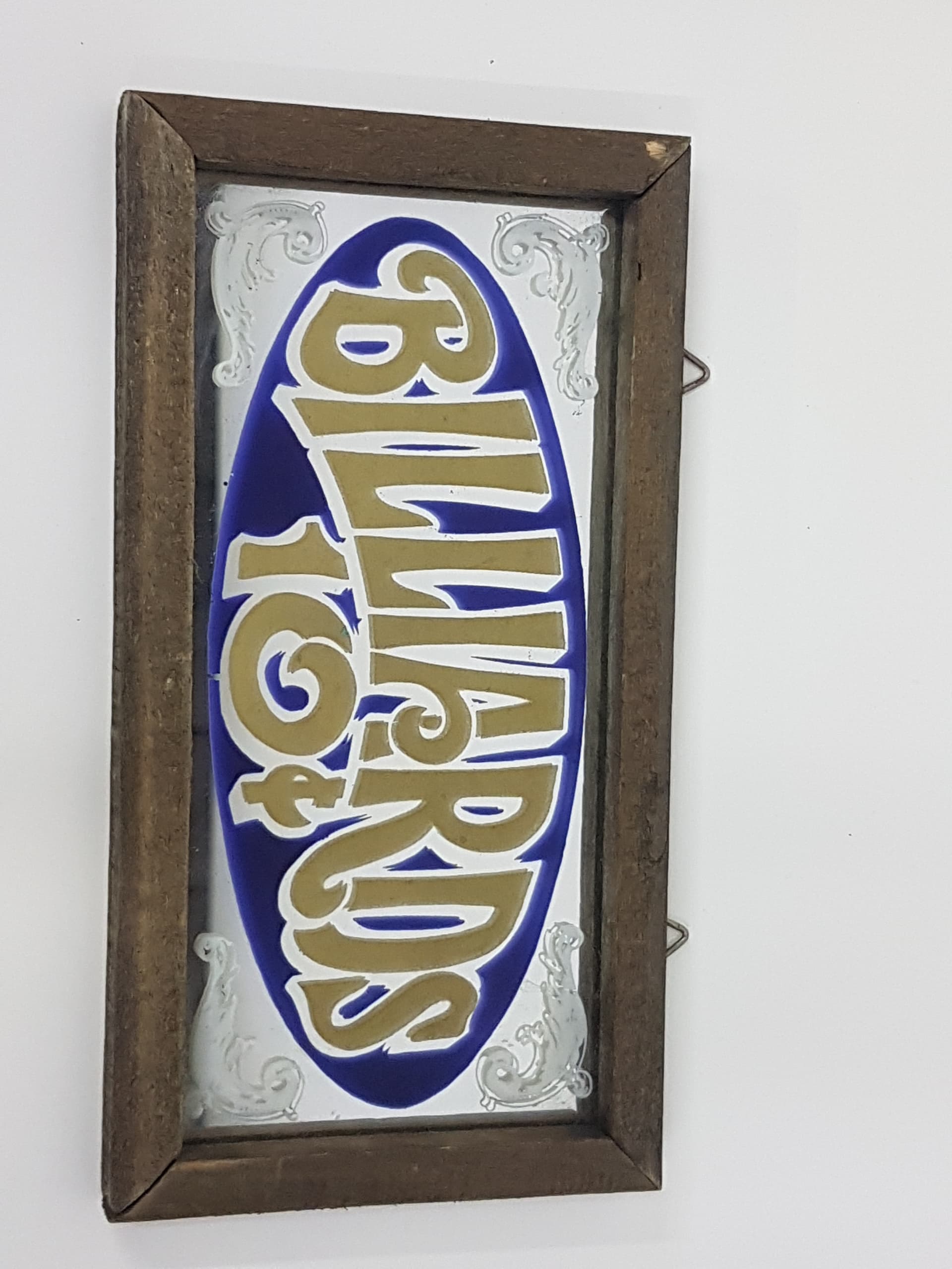 Szyld lustrzany Billiards 10¢, niebieski złoty, szkło, drewno, USA, lata 70. - 360431