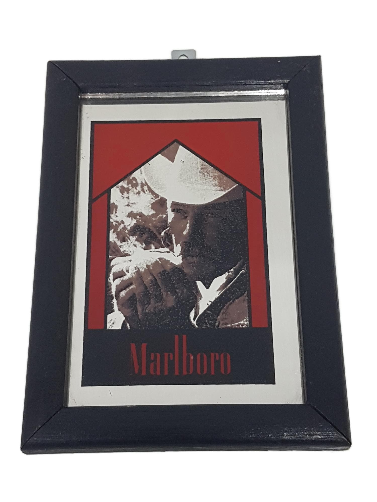 Szyld reklamowy Marlboro, lustro srebrne, rama drewno czarne, USA, lata 70.