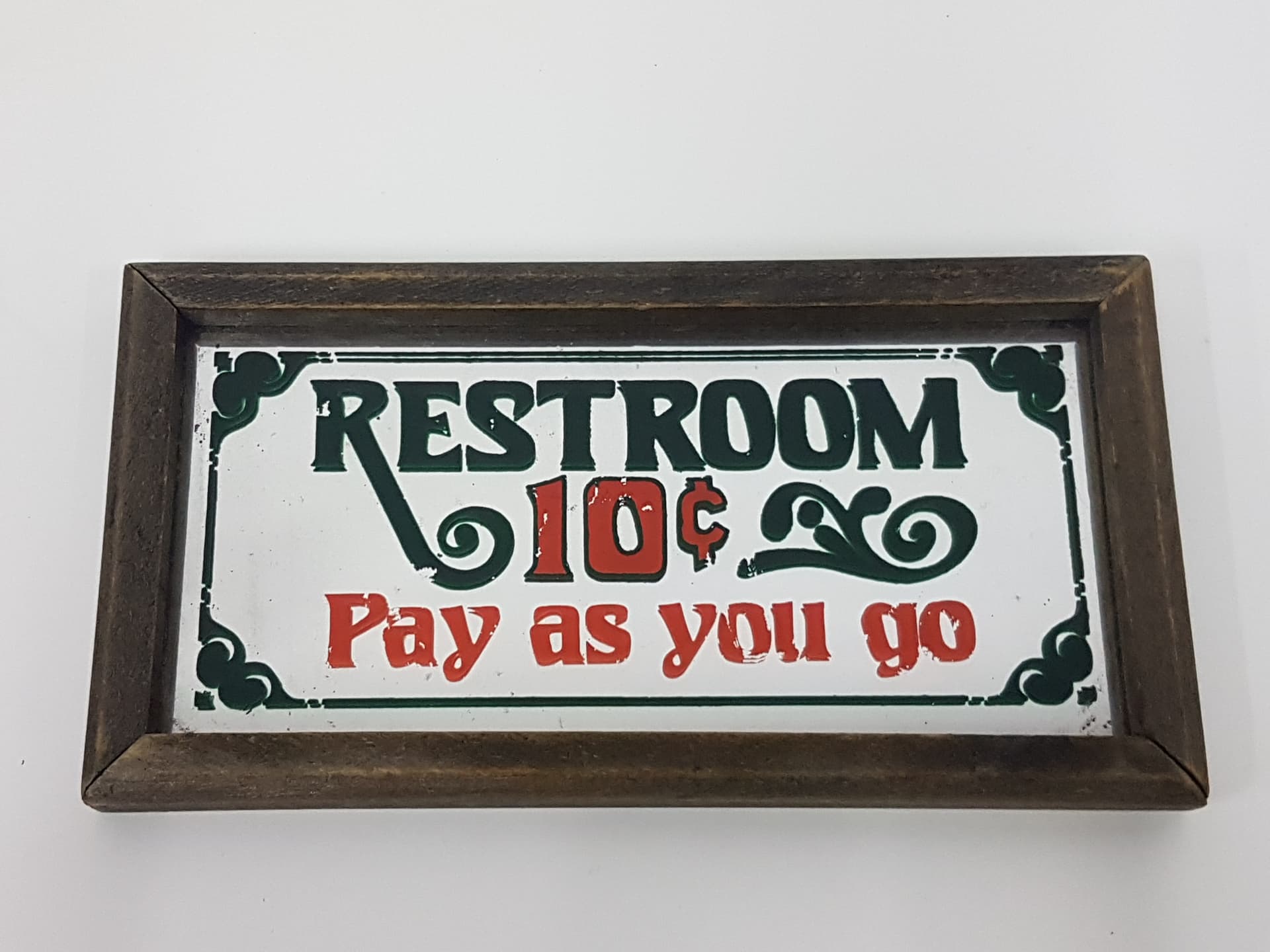 Szyld lustrzany Restroom 10¢ Pay as you go, szkło srebrne, drewno brązowe, USA, lata 70. - 360444