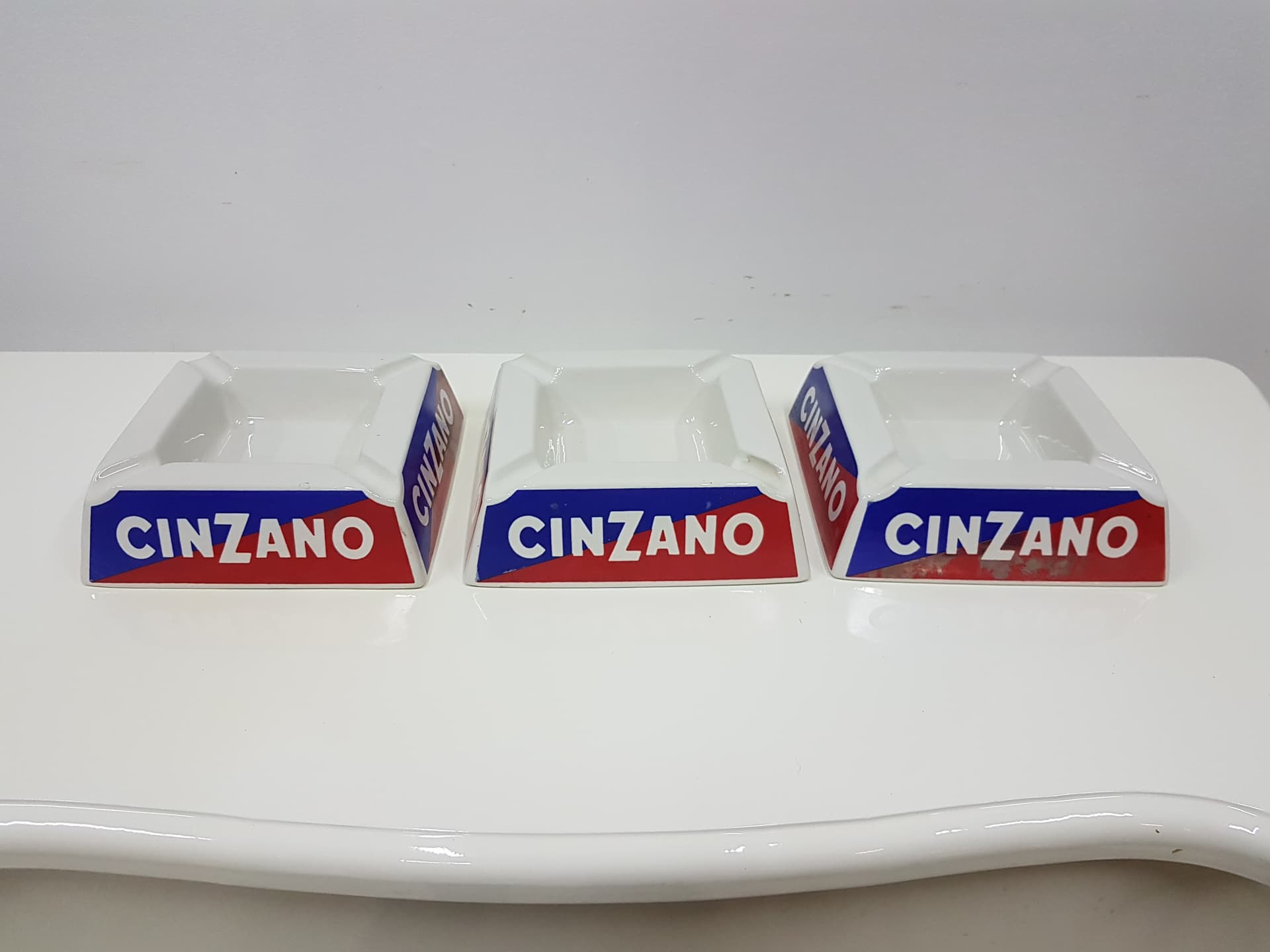 Set of three ashtrays Cinzano, white, blue, red, ceramics, Italy, 1960s. - 360462