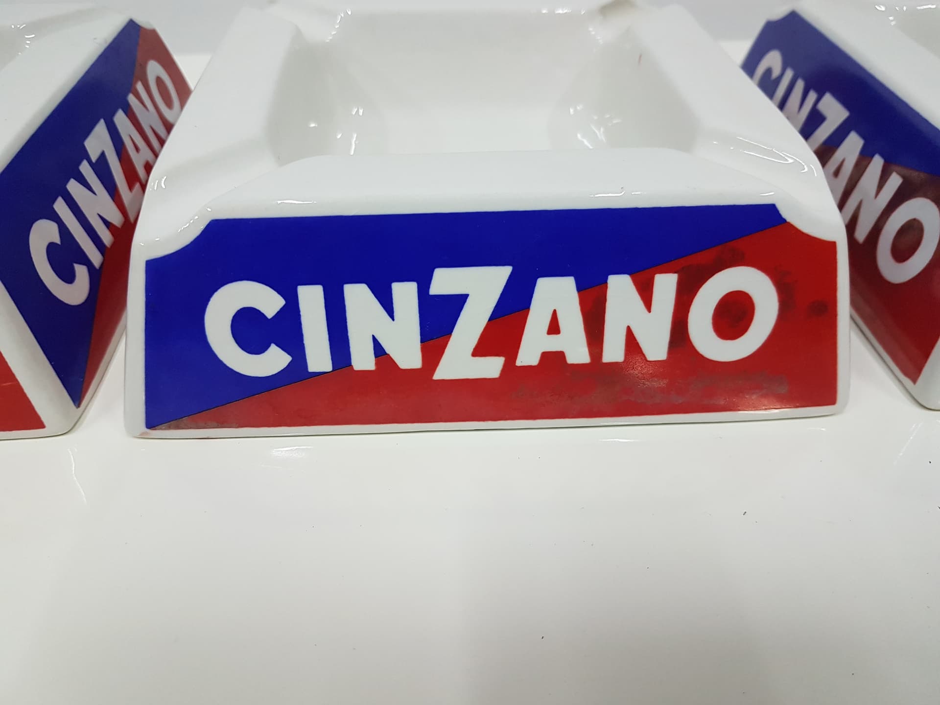 Set of three ashtrays Cinzano, white, blue, red, ceramics, Italy, 1960s. - 360460