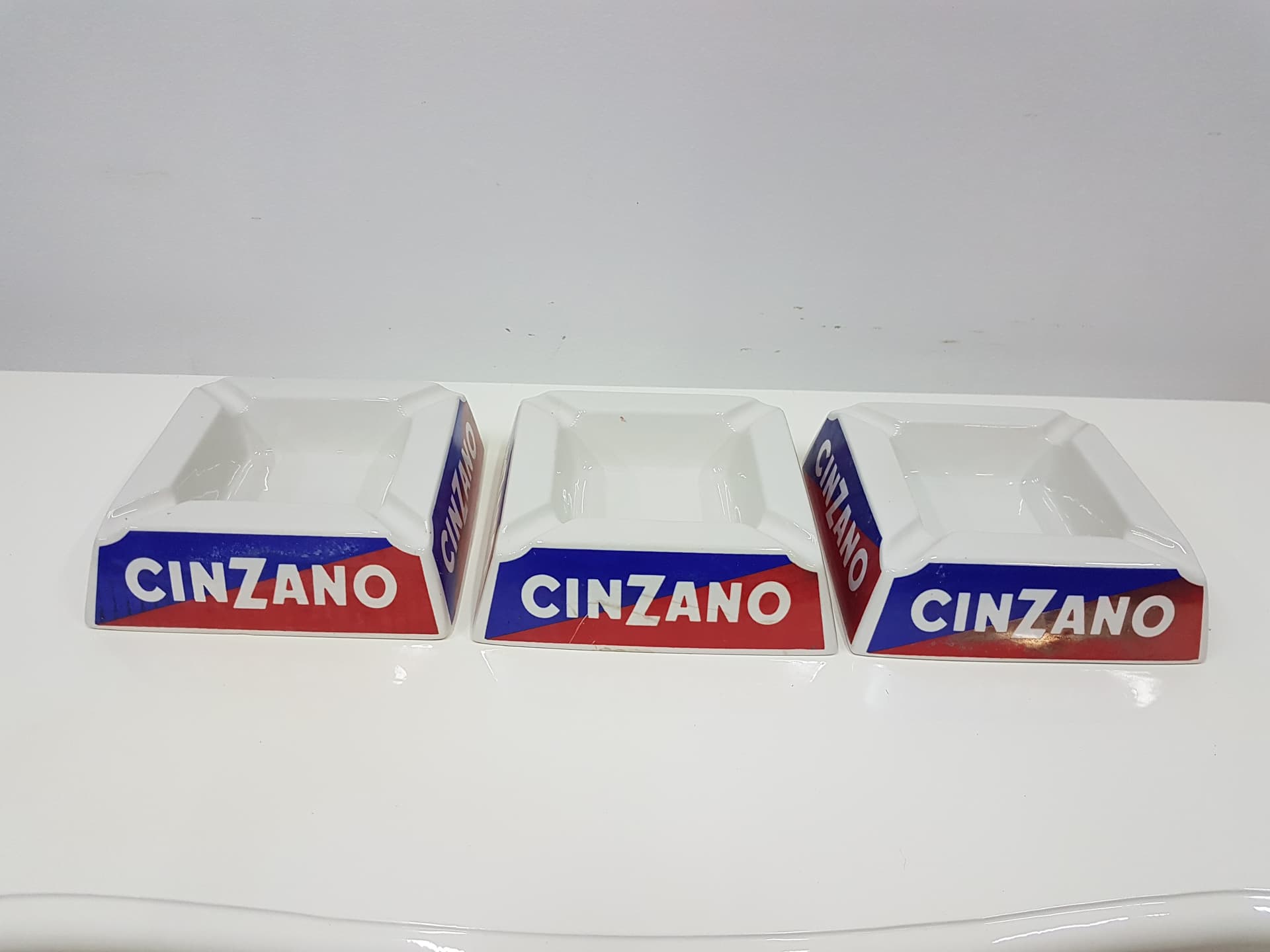 Set of three ashtrays Cinzano, white, blue, red, ceramics, Italy, 1960s. - 360459