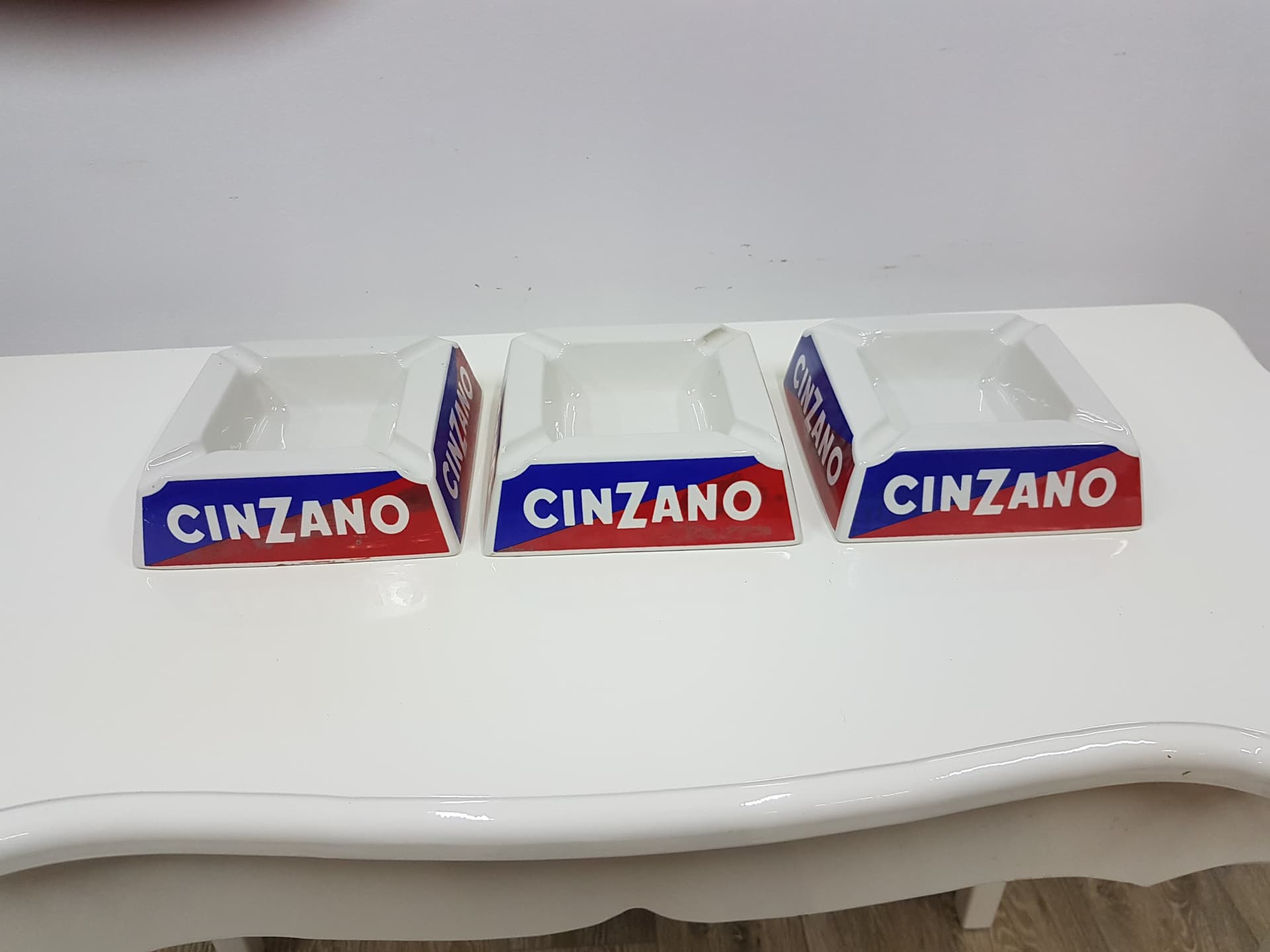 Set of three ashtrays Cinzano, white, blue, red, ceramics, Italy, 1960s. - 360449