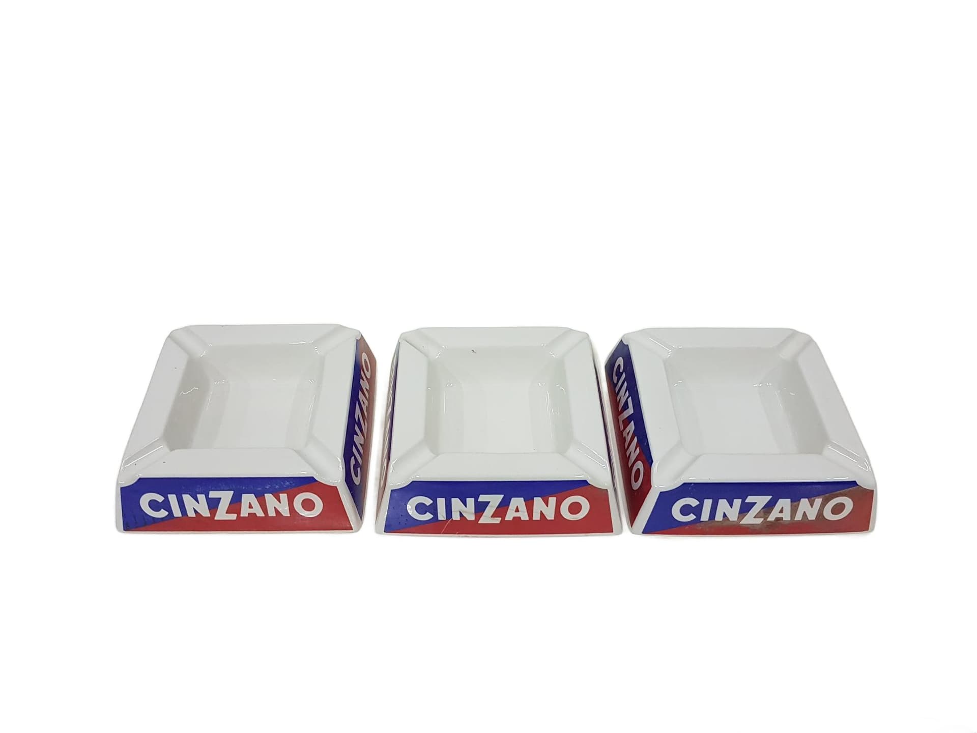 Set of three ashtrays Cinzano, white, blue, red, ceramics, Italy, 1960s.