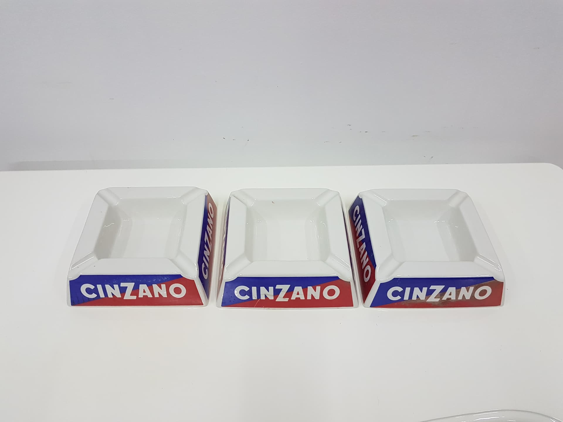 Set of three ashtrays Cinzano, white, blue, red, ceramics, Italy, 1960s. - 360456
