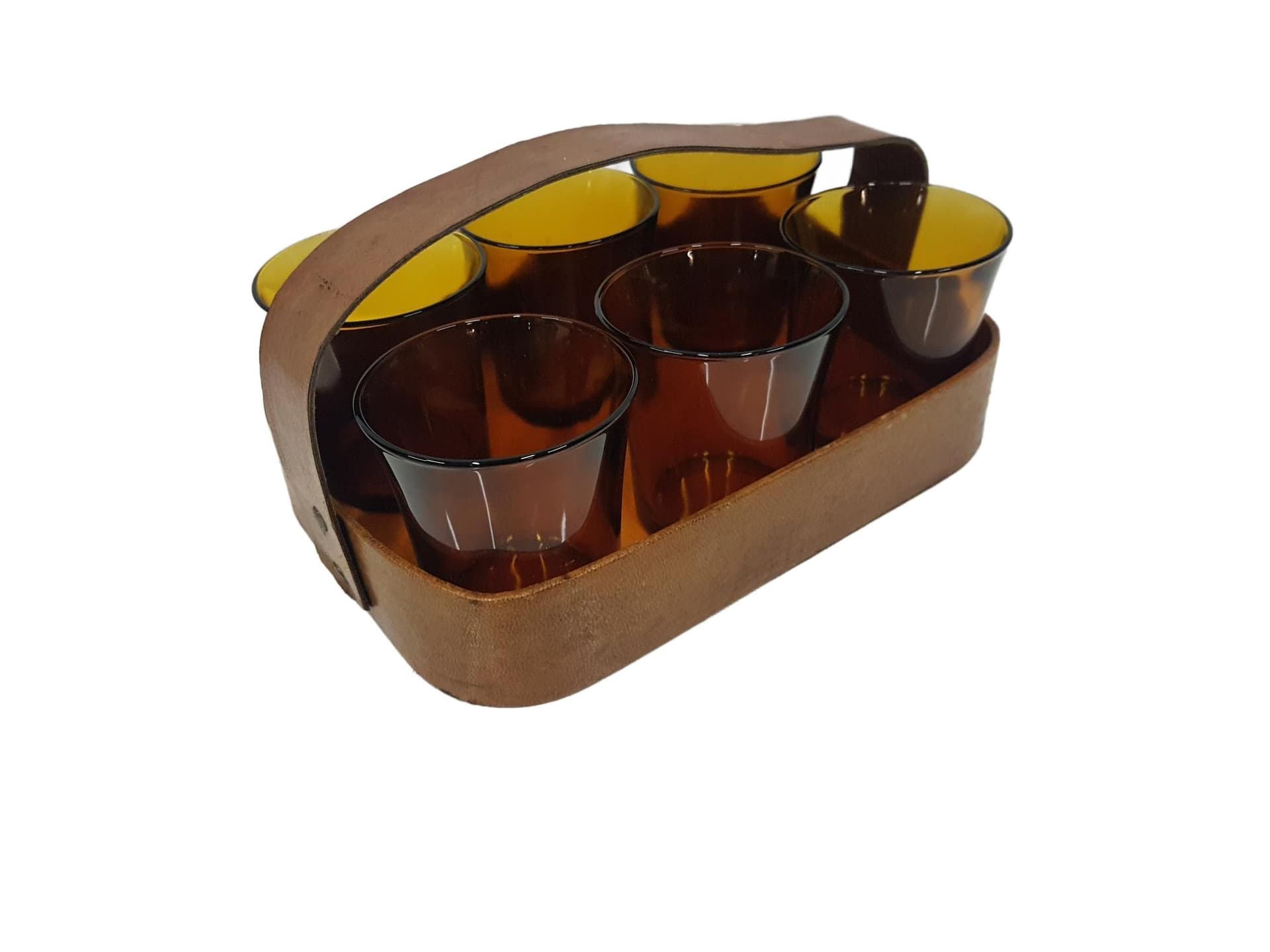 Set of six amber glasses, glass, Duralex, France, 1980s.