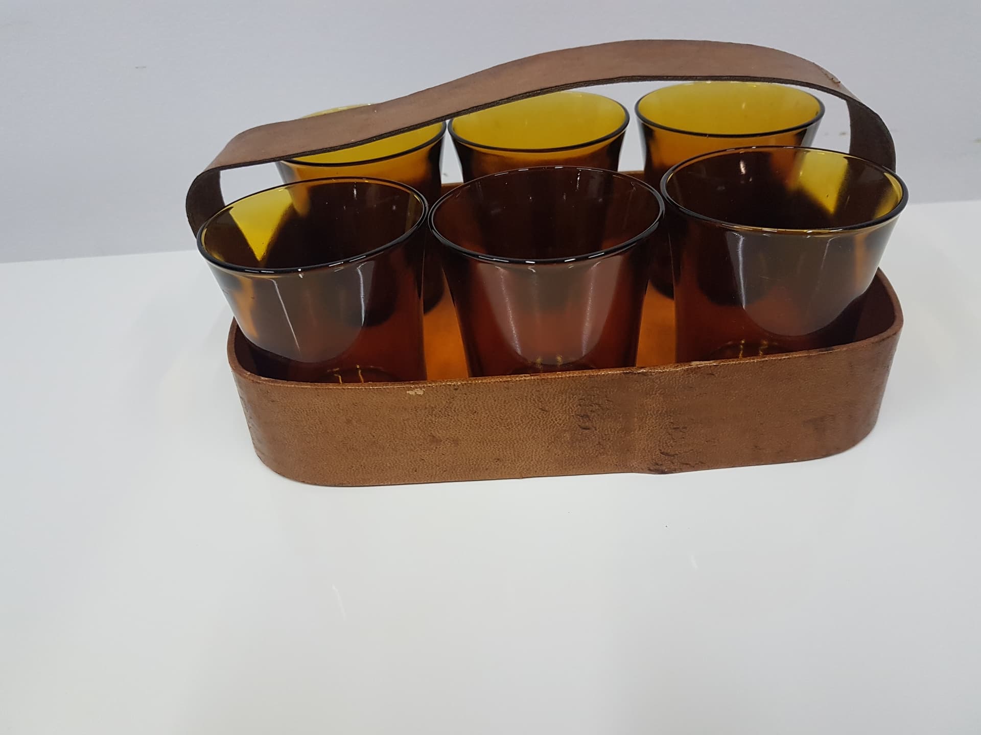 Set of six amber glasses, glass, Duralex, France, 1980s. - 360485