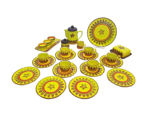 Twenty-five piece dinnerware set, yellow brown orange ceramic, Zell am Harmersbach, Germany, 1980s. - DIMENSION