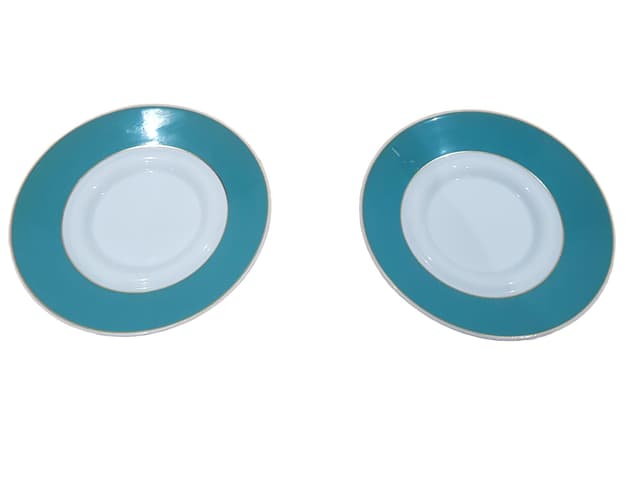 Set of two espresso saucers, turquoise white gold, porcelain, by B. Wiinblad, Germany, 1980s. - DIMENSION