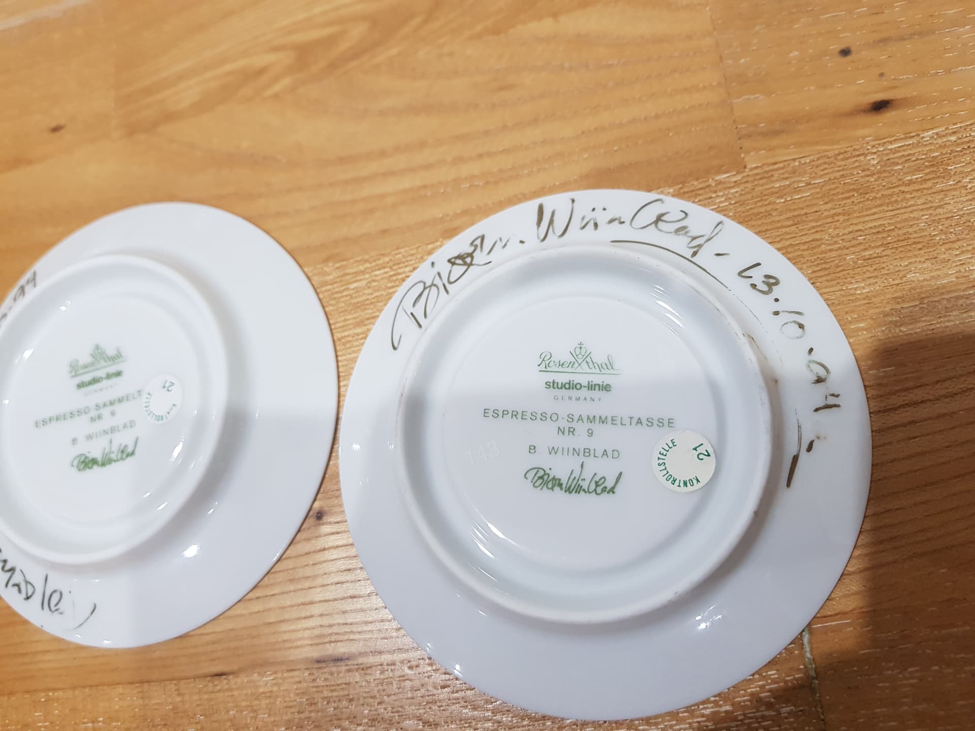 Set of two espresso saucers, turquoise white gold, porcelain, by B. Wiinblad, Germany, 1980s. - 360878