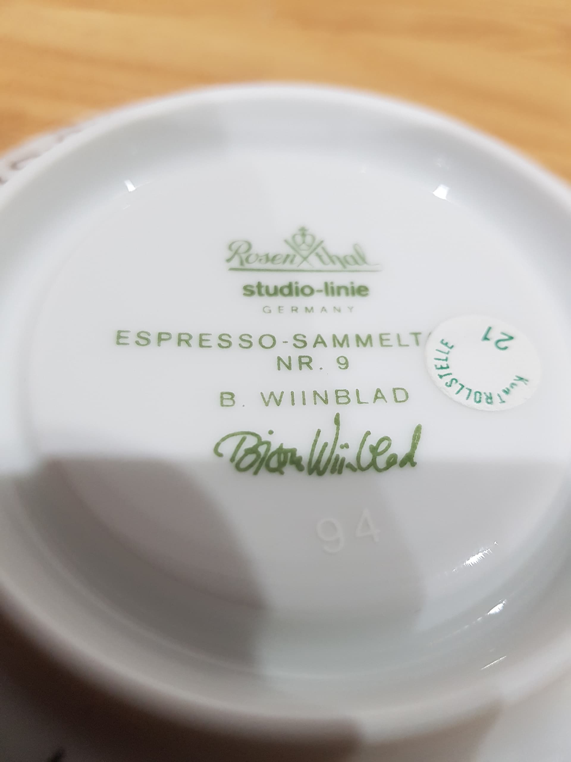 Set of two espresso saucers, turquoise white gold, porcelain, by B. Wiinblad, Germany, 1980s. - 360880