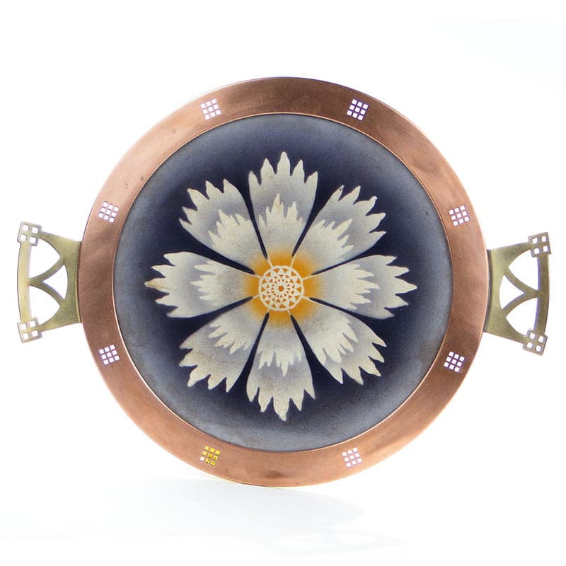 Tray Viennese Secession, blue white yellow ceramic, gold brass, red copper, early 20th c.