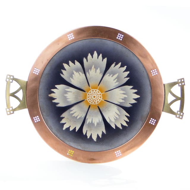Tray Viennese Secession, blue white yellow ceramic, gold brass, red copper, early 20th c. - DIMENSION