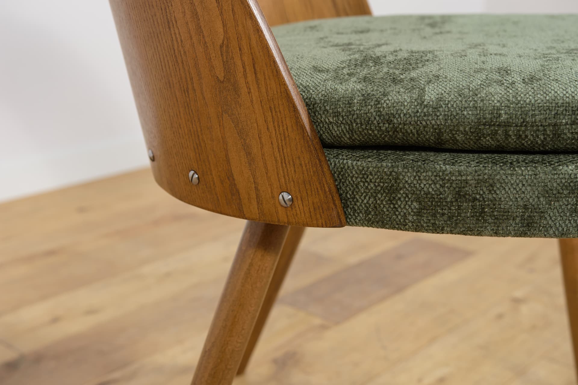 Set of four chairs, brown oak, green velvet, by A. Suman, Czechoslovakia, 1960s. - 360943