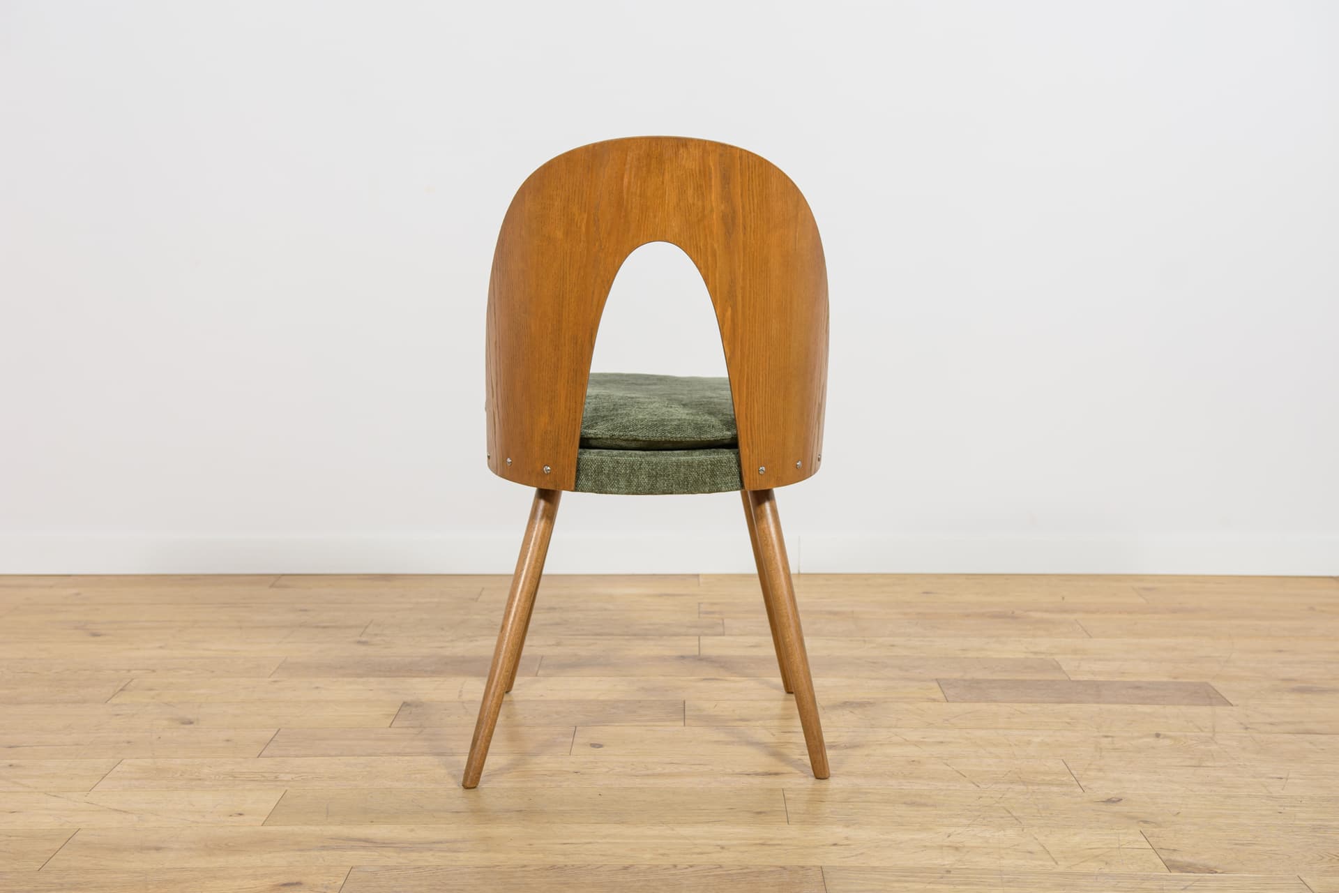 Set of four chairs, brown oak, green velvet, by A. Suman, Czechoslovakia, 1960s. - 360941