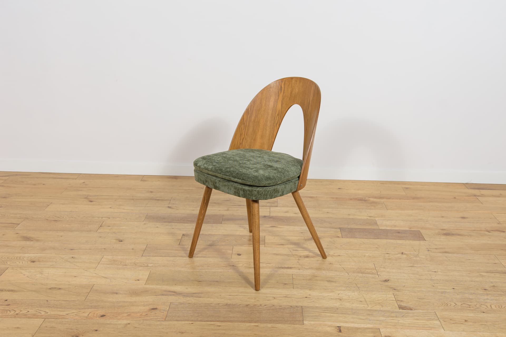 Set of four chairs, brown oak, green velvet, by A. Suman, Czechoslovakia, 1960s. - 360938