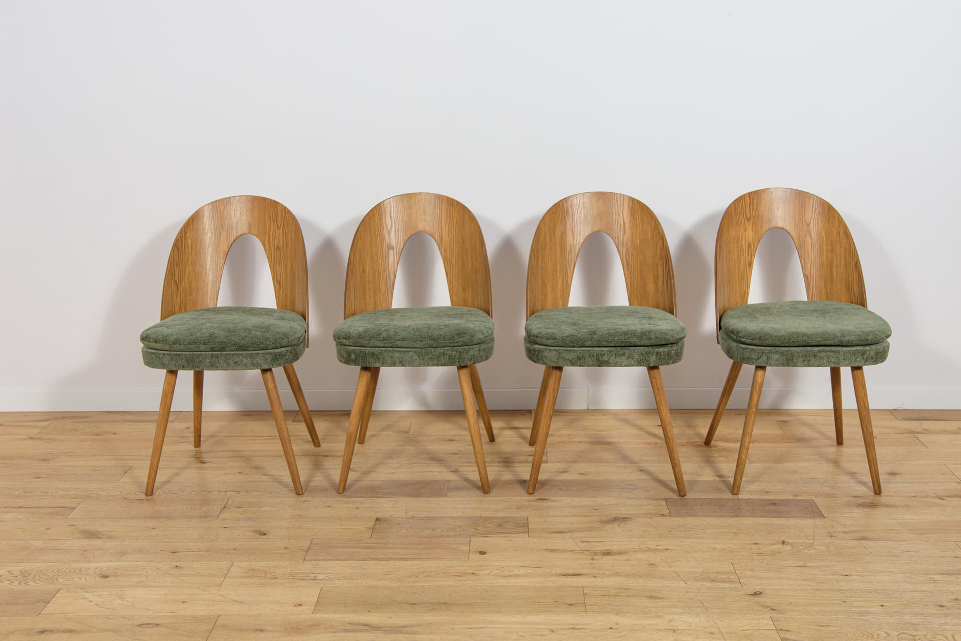 Set of four chairs, brown oak, green velvet, by A. Suman, Czechoslovakia, 1960s. - 360932
