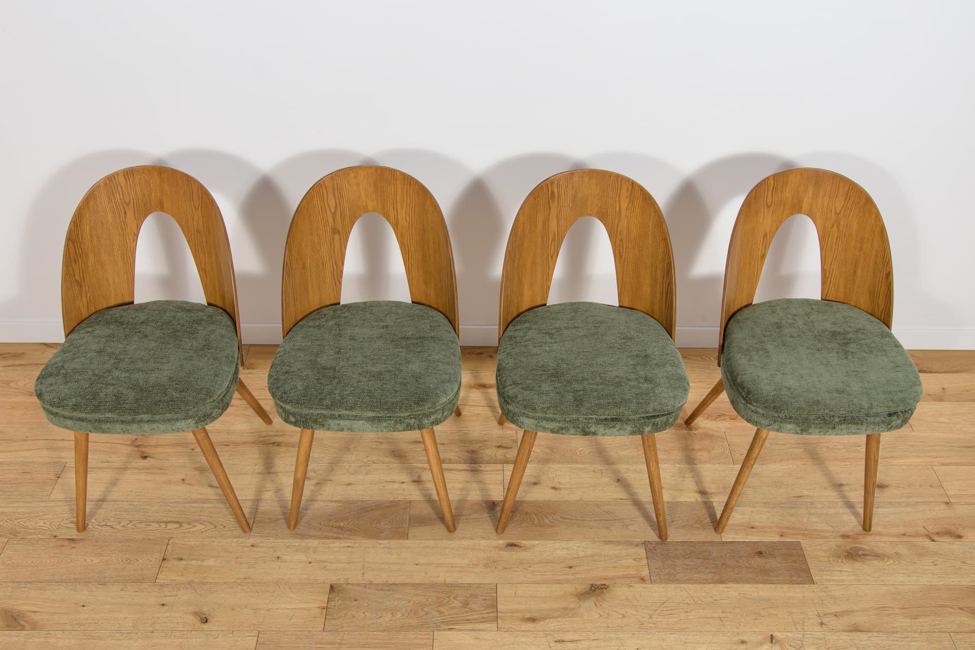 Set of four chairs, brown oak, green velvet, by A. Suman, Czechoslovakia, 1960s. - 360933