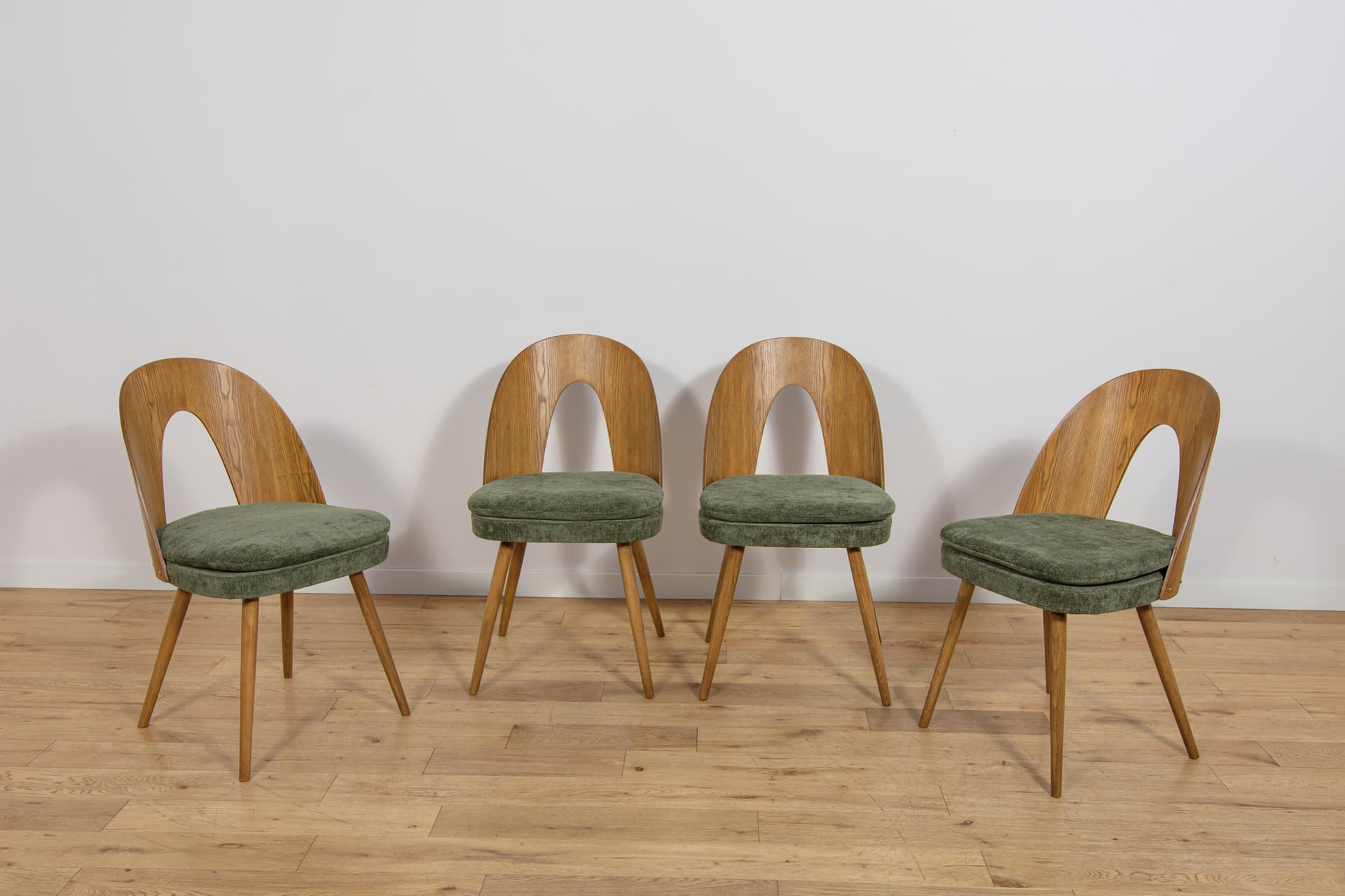 Set of four chairs, brown oak, green velvet, by A. Suman, Czechoslovakia, 1960s. - 360931