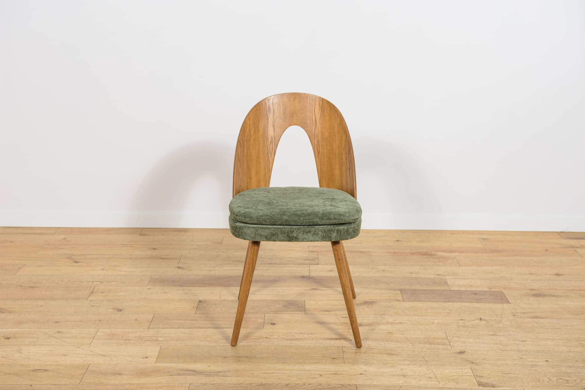 Set of four chairs, brown oak, green velvet, by A. Suman, Czechoslovakia, 1960s. - 360936