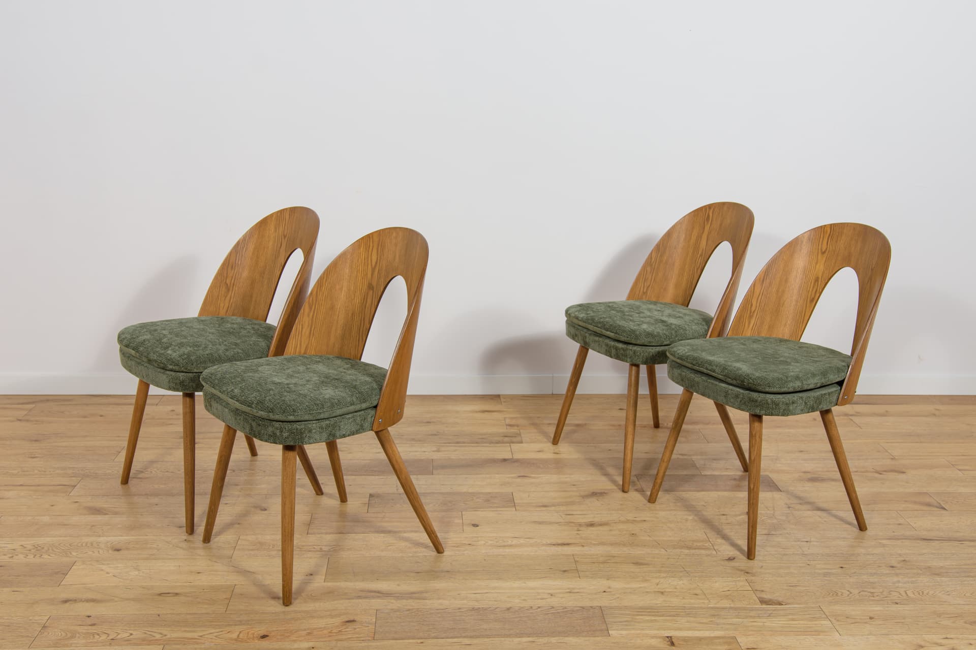 Set of four chairs, brown oak, green velvet, by A. Suman, Czechoslovakia, 1960s. - 360935