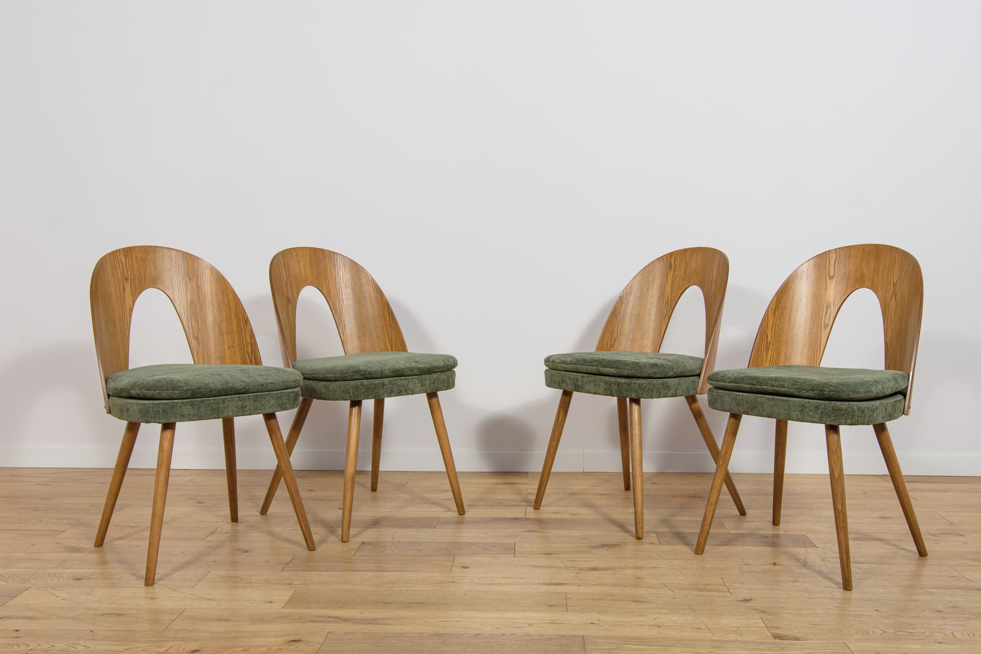 Set of four chairs, brown oak, green velvet, by A. Suman, Czechoslovakia, 1960s. - 360934
