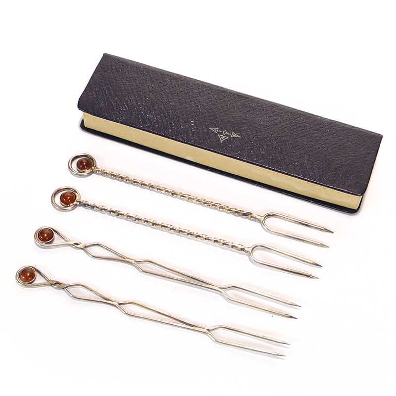 Set of appetizer forks New Look, silver-plated brass silver, amber brown, Poland, 1960s. - 360963
