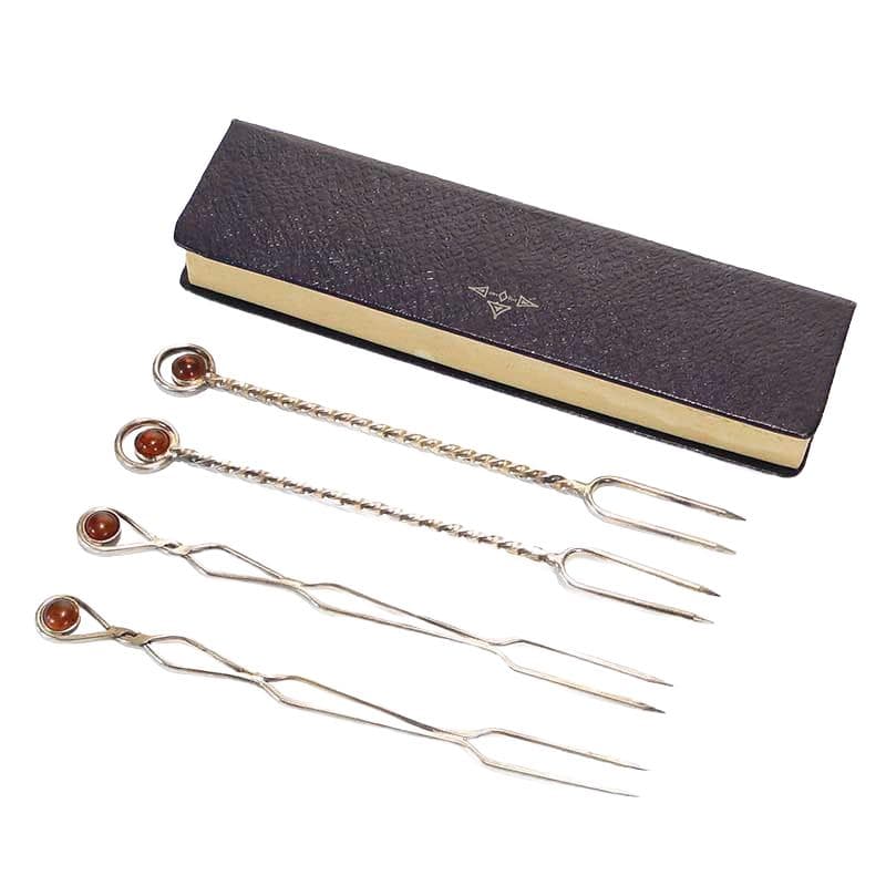Set of appetizer forks New Look, silver-plated brass silver, amber brown, Poland, 1960s.